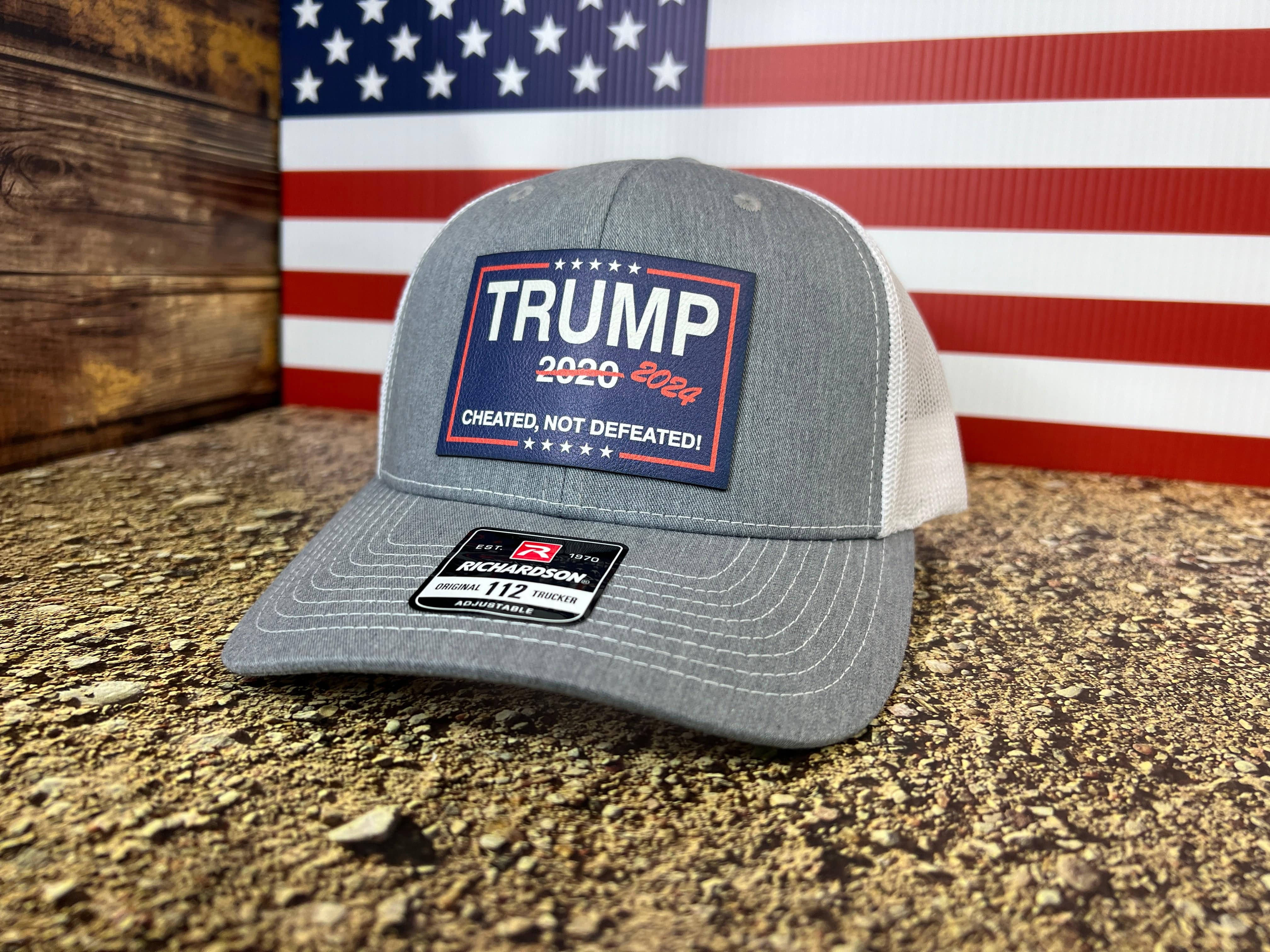 Cheated Not Defeated Trump 2024 Trucker Hat UV Printed or Laser EngravedPremium Leatherette FULL Color Patch on Richardson 112 Trucker Hat - F5 Custom Designs