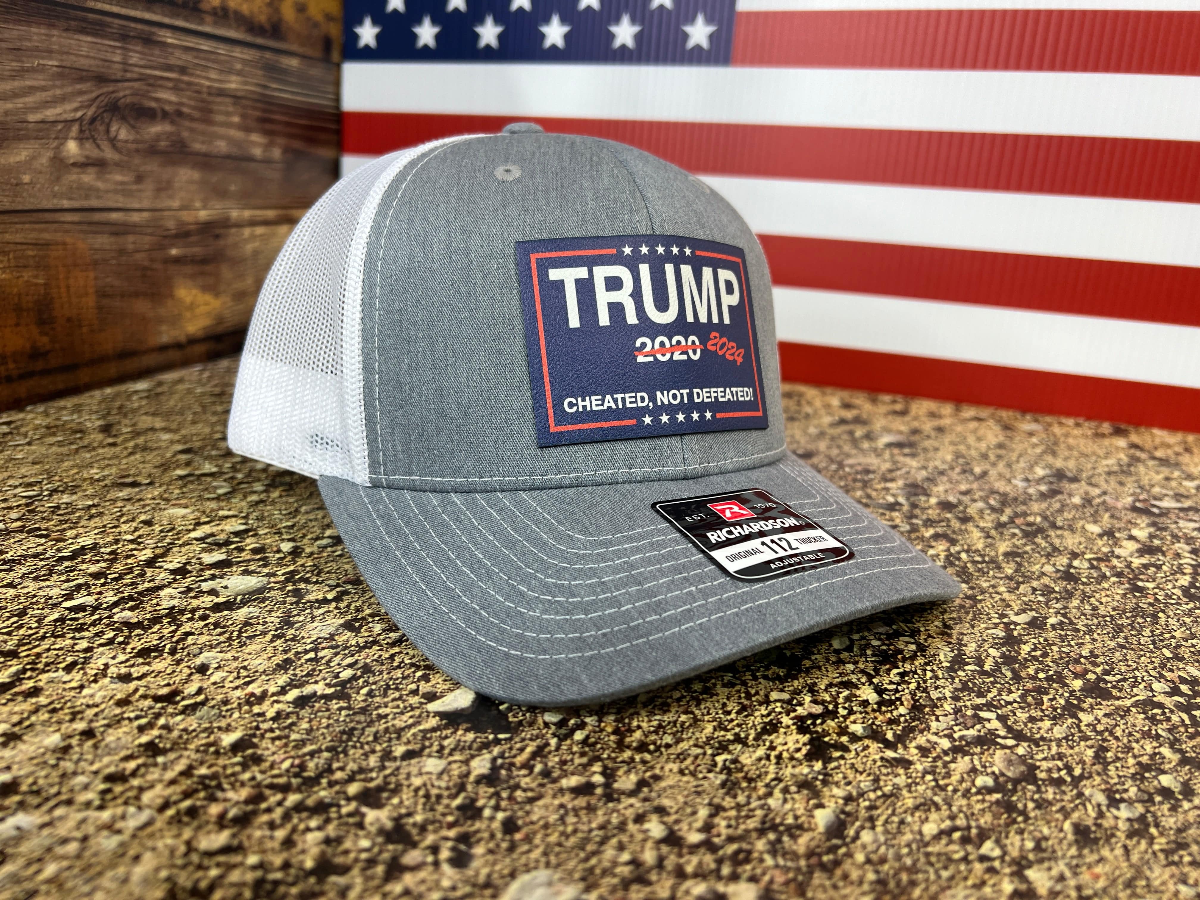Cheated Not Defeated Trump 2024 Trucker Hat UV Printed or Laser EngravedPremium Leatherette FULL Color Patch on Richardson 112 Trucker Hat - F5 Custom Designs
