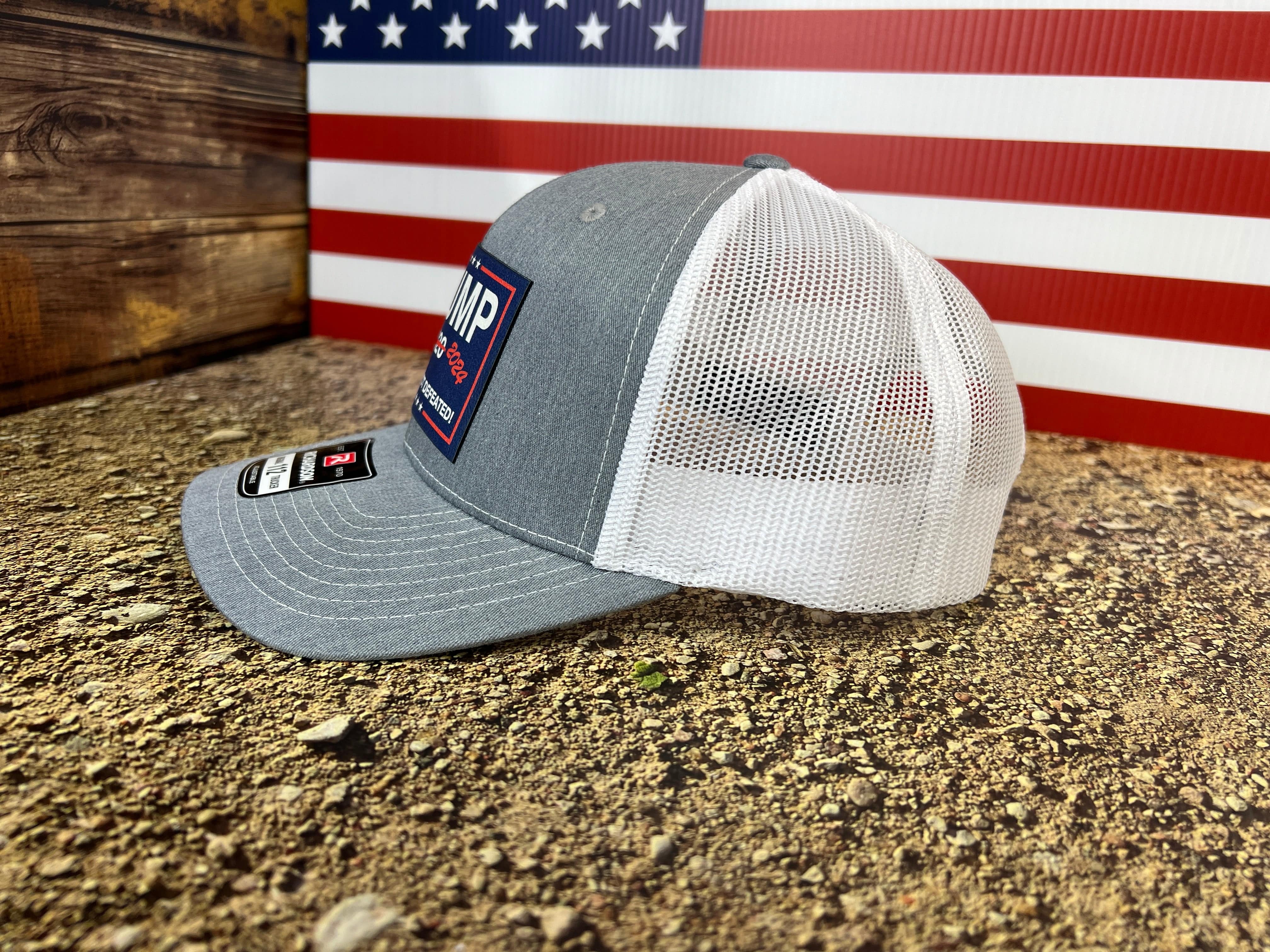 Cheated Not Defeated Trump 2024 Trucker Hat UV Printed or Laser EngravedPremium Leatherette FULL Color Patch on Richardson 112 Trucker Hat - F5 Custom Designs