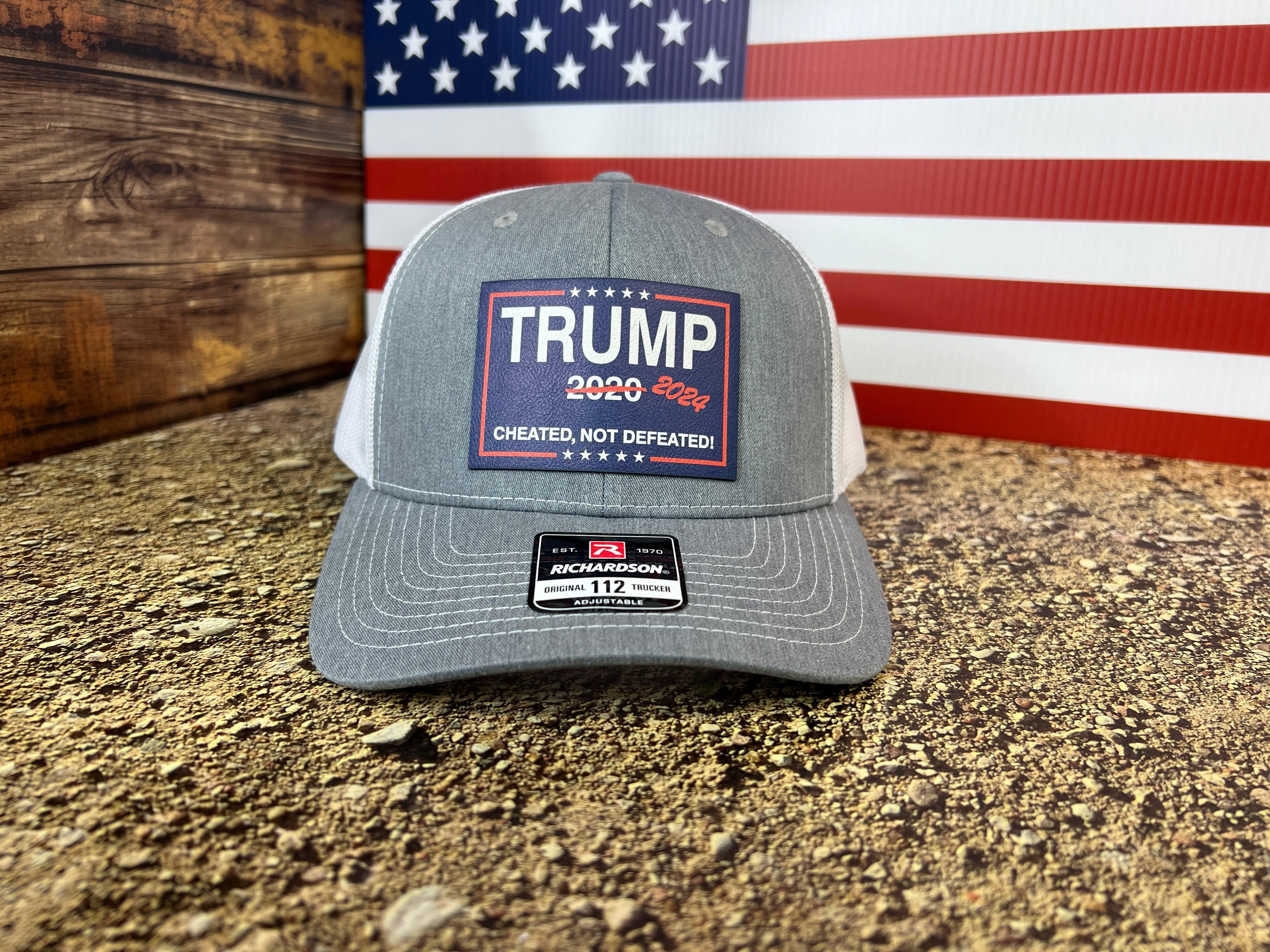 Cheated Not Defeated Trump 2024 Trucker Hat UV Printed or Laser EngravedPremium Leatherette FULL Color Patch on Richardson 112 Trucker Hat - F5 Custom Designs