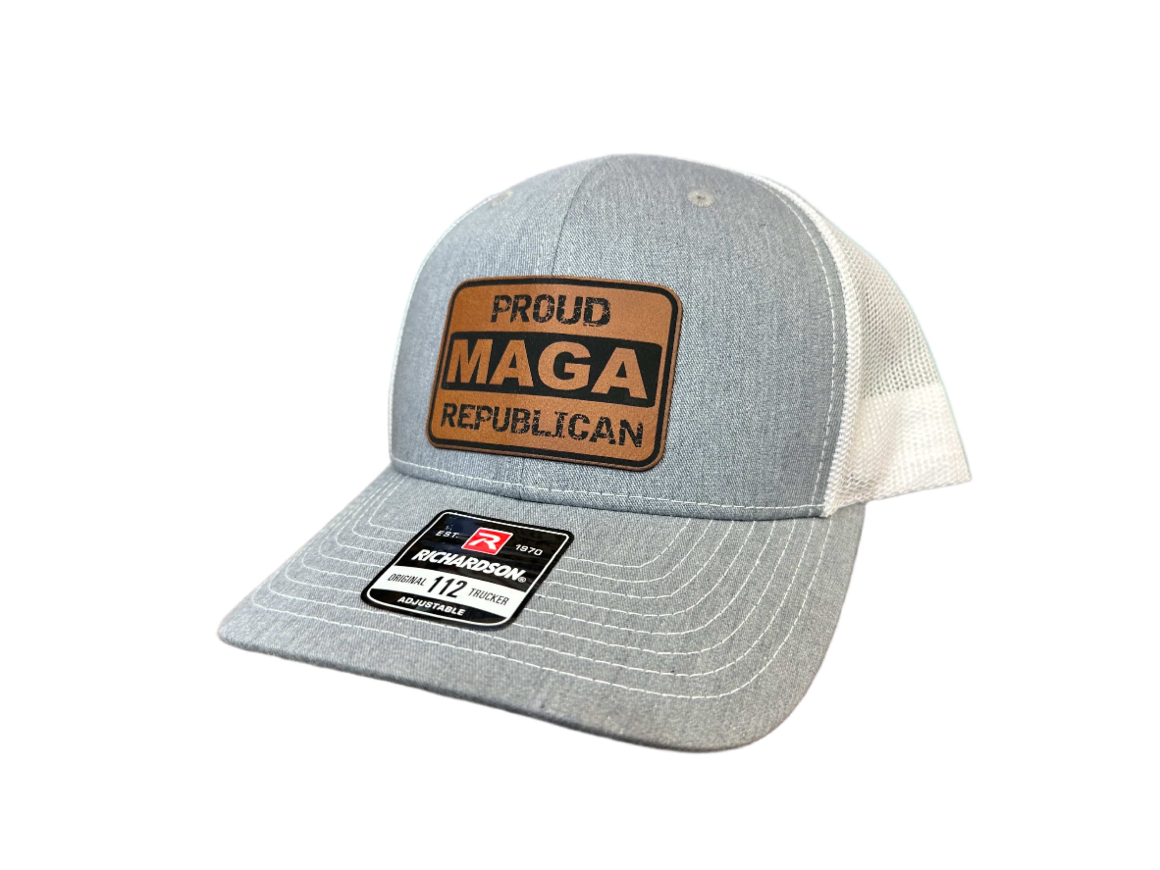 Proud MAGA Republican 2024 trucker hat with premium leatherette patch and adjustable snapback