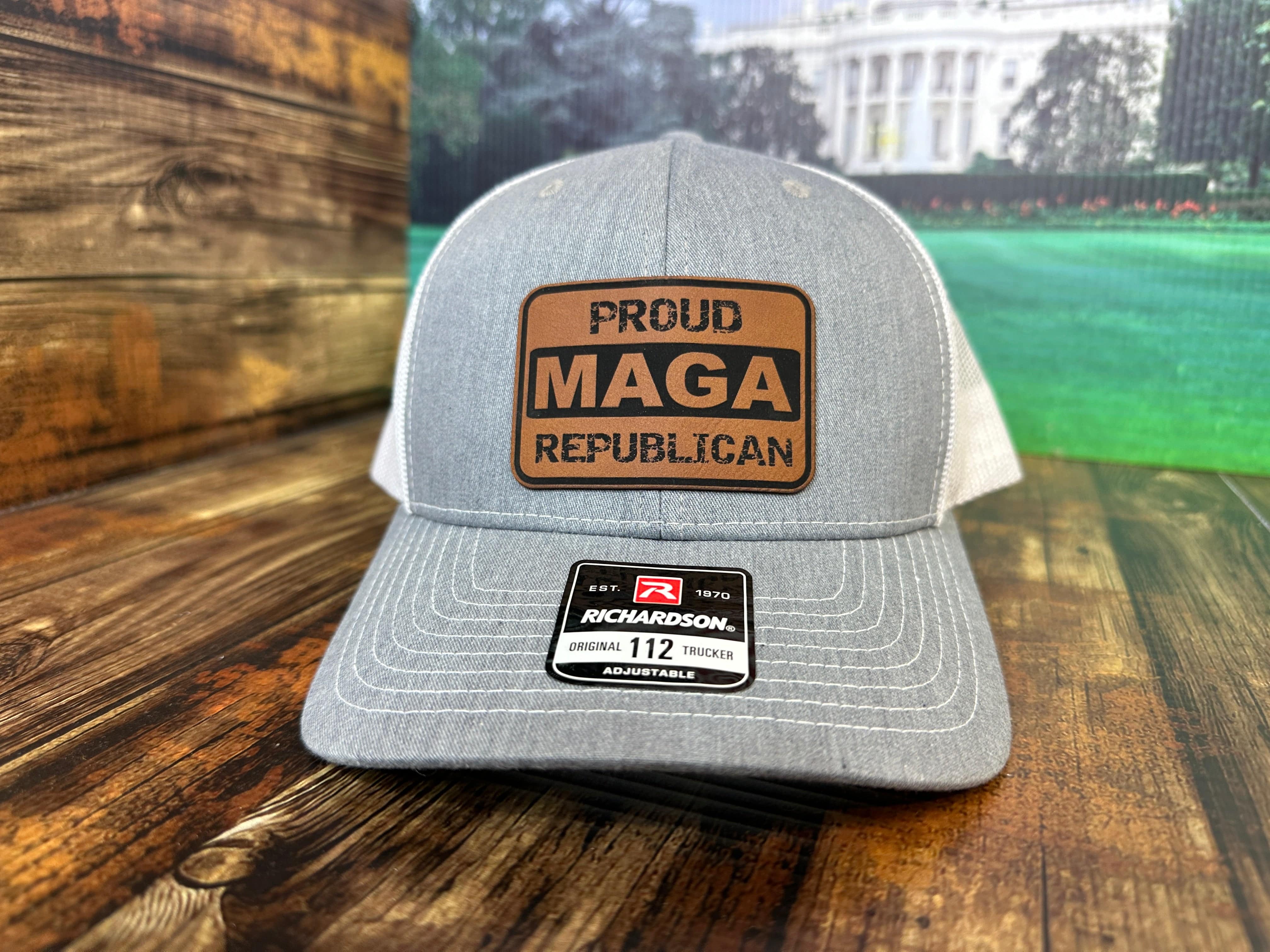 Proud MAGA Republican 2024 Trucker Hat Premium Leatherette Patch on Richardson 112 Trucker Hat Funny Hat GenX Hat Adult Hat Best Selling Hat - F5 Custom Designs