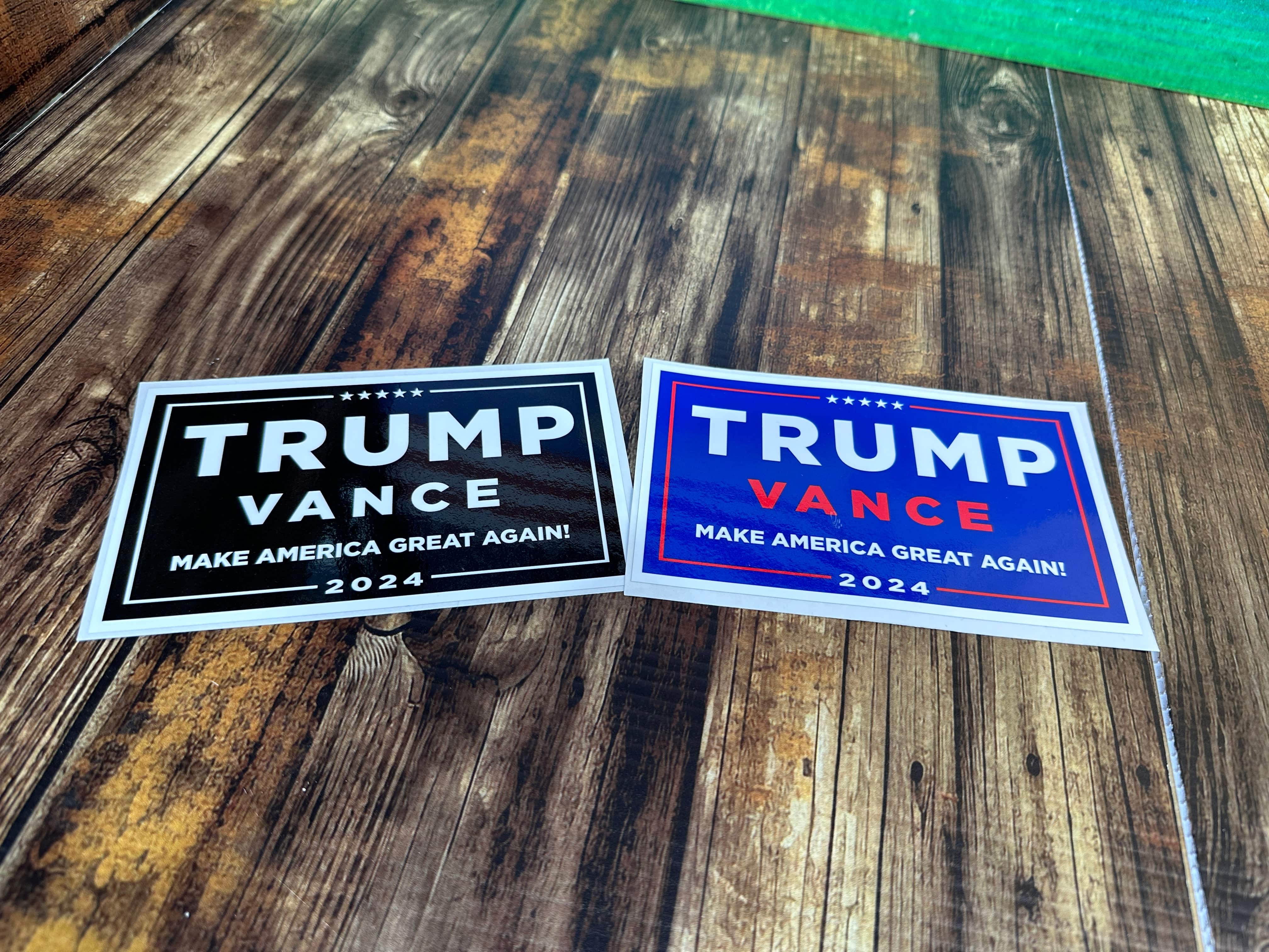 Trump Vance Sticker Packs premium vinyl bumper and window decals with gloss laminate and latex print