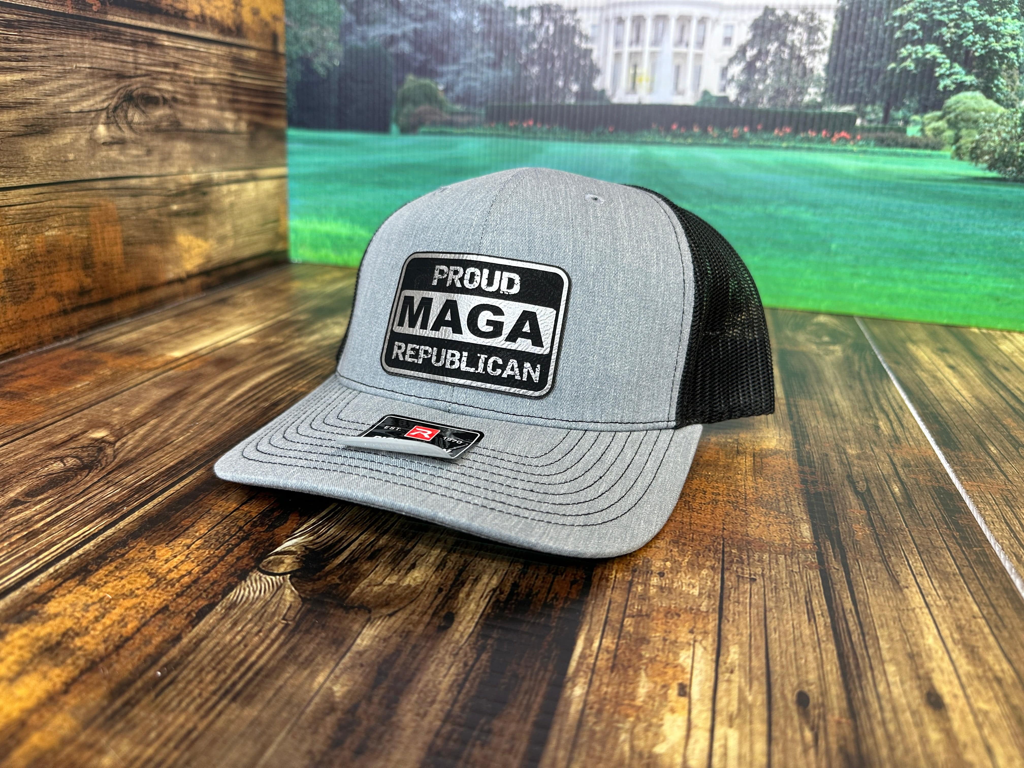 Proud MAGA Republican 2024 Trucker Hat Premium Leatherette Patch on Richardson 112 Trucker Hat Funny Hat GenX Hat Adult Hat Best Selling Hat - F5 Custom Designs