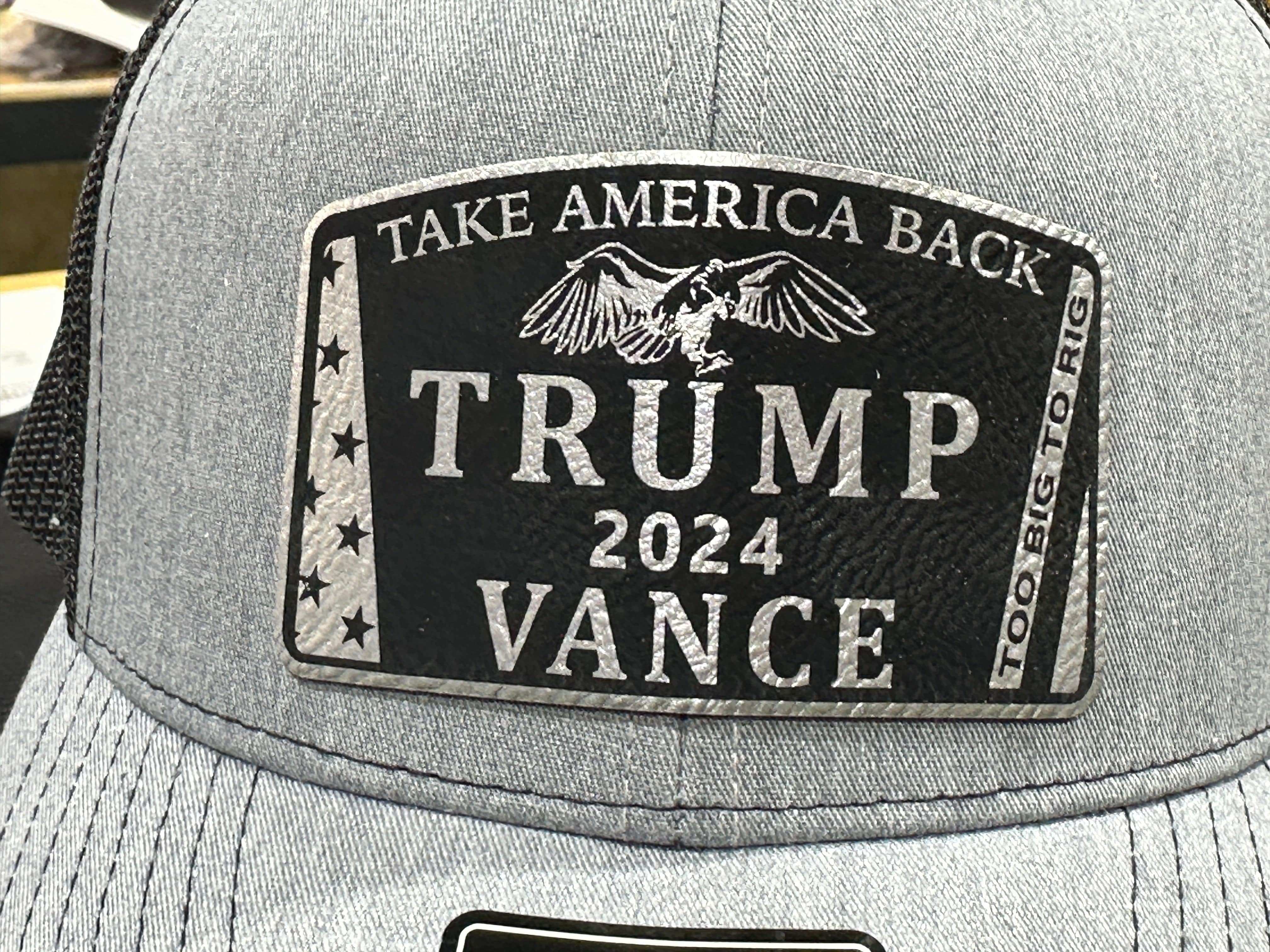 To Big To Rig Trump Vance 2024 Hat Premium Leatherette Patch on Richardson or Yupoong 112 Trucker Hat GenX Hat - F5 Custom Designs