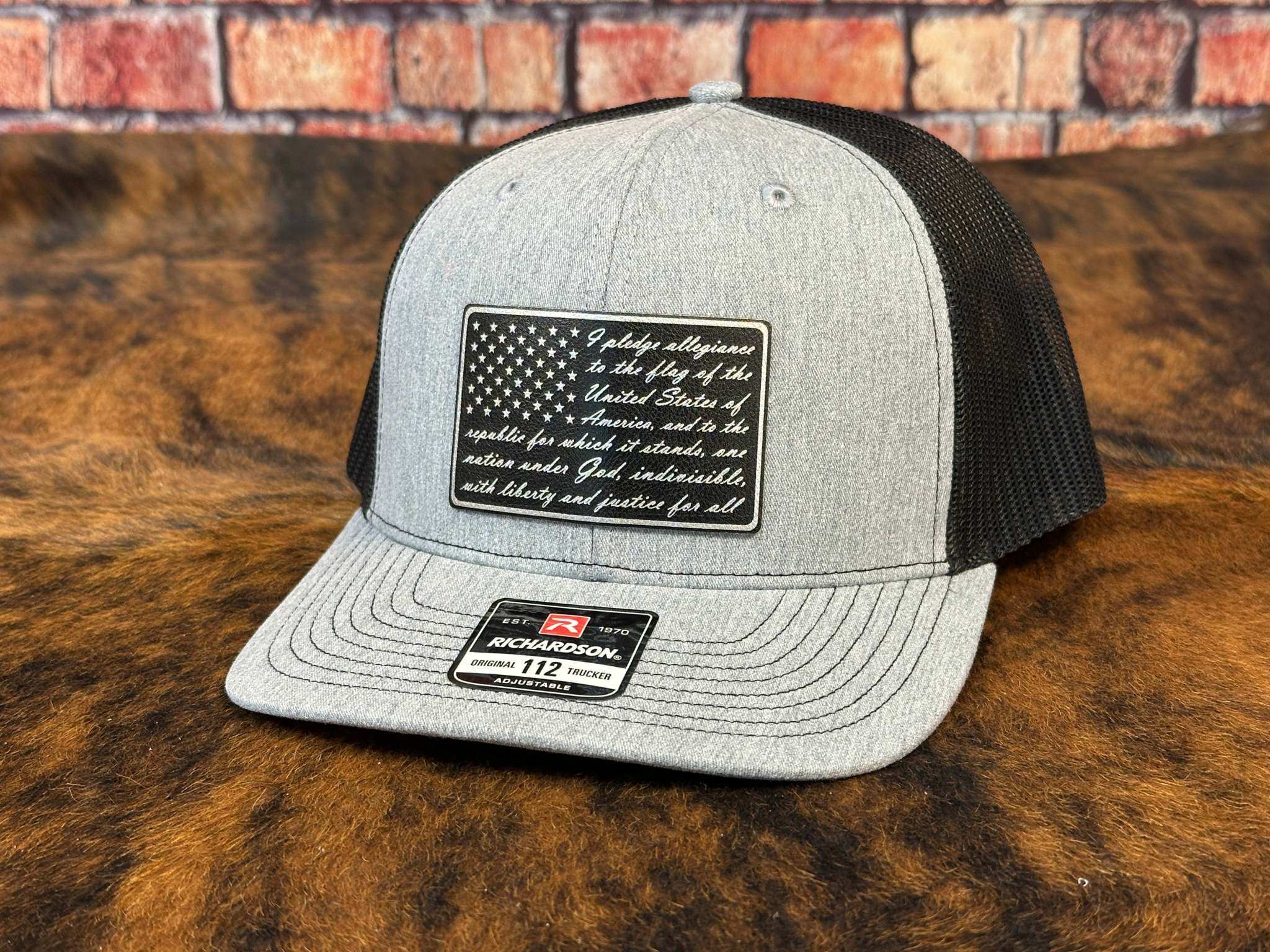 Richardson 112 trucker hat with laser-engraved American flag and Pledge of Allegiance leatherette patch