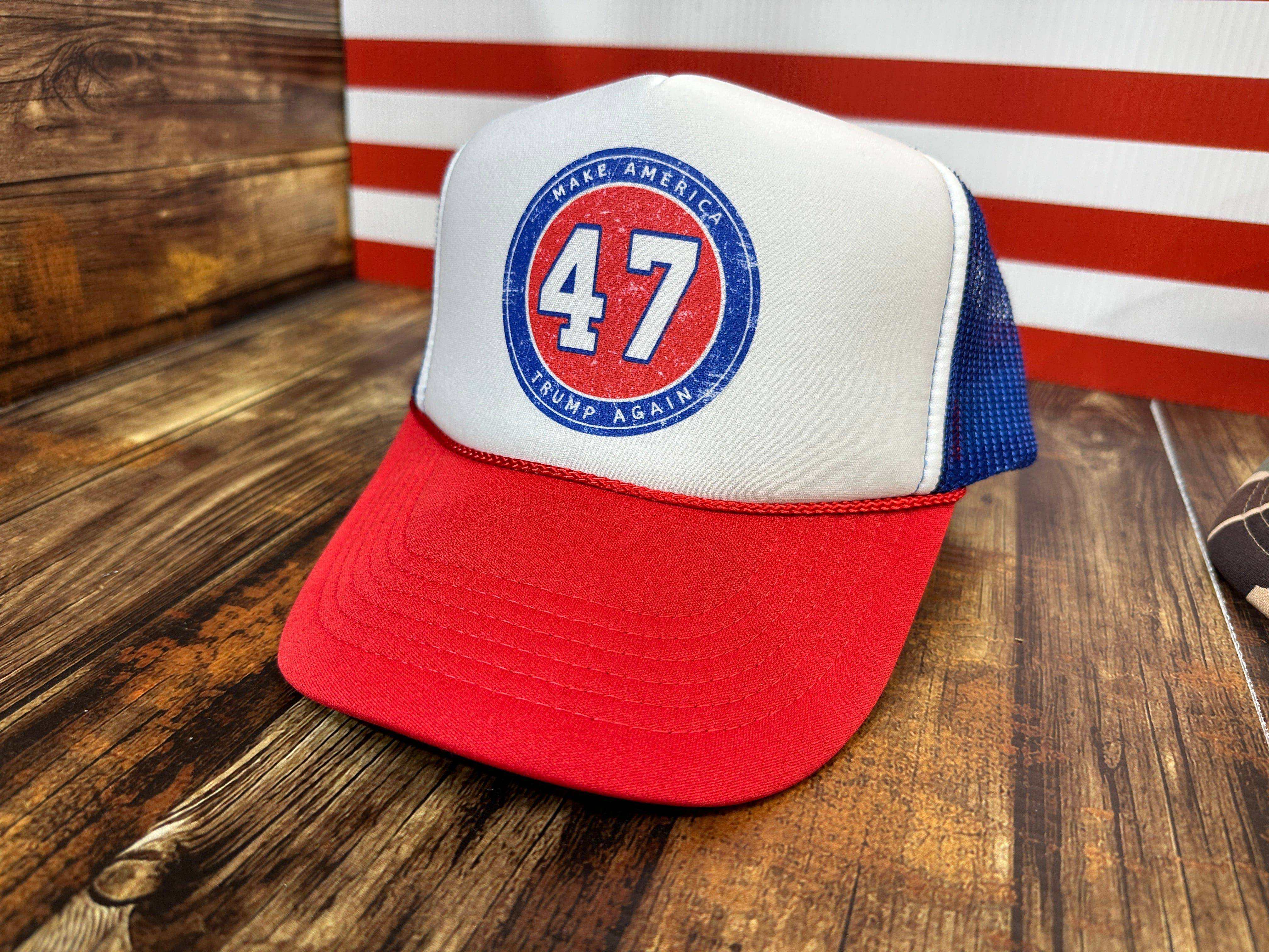 Trump 47 2024 RWB Foam Trucker Hat with premium DTF print and classic foam trucker style