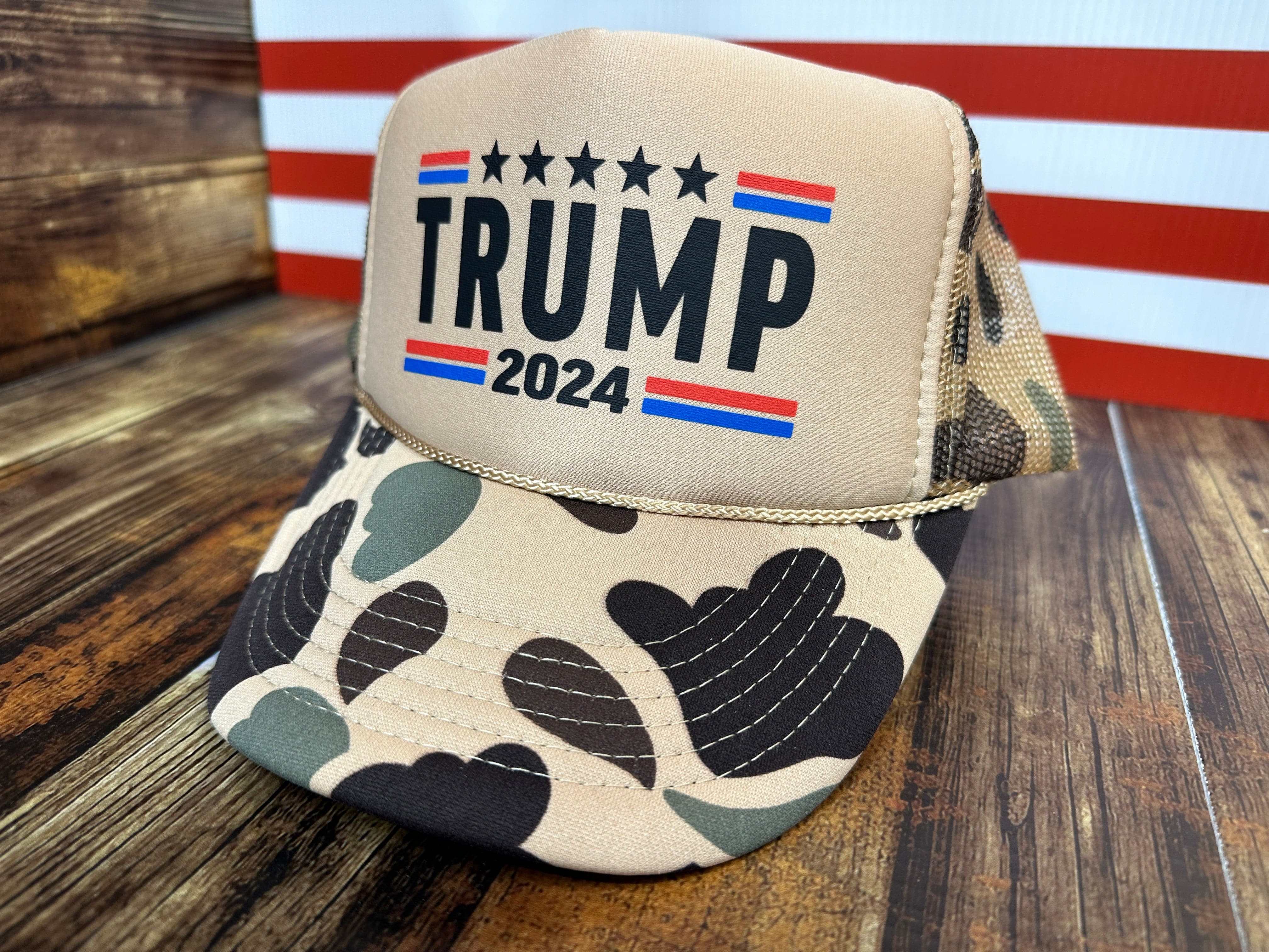 Trump 2024 foam camo trucker hat with premium print and 5-panel design