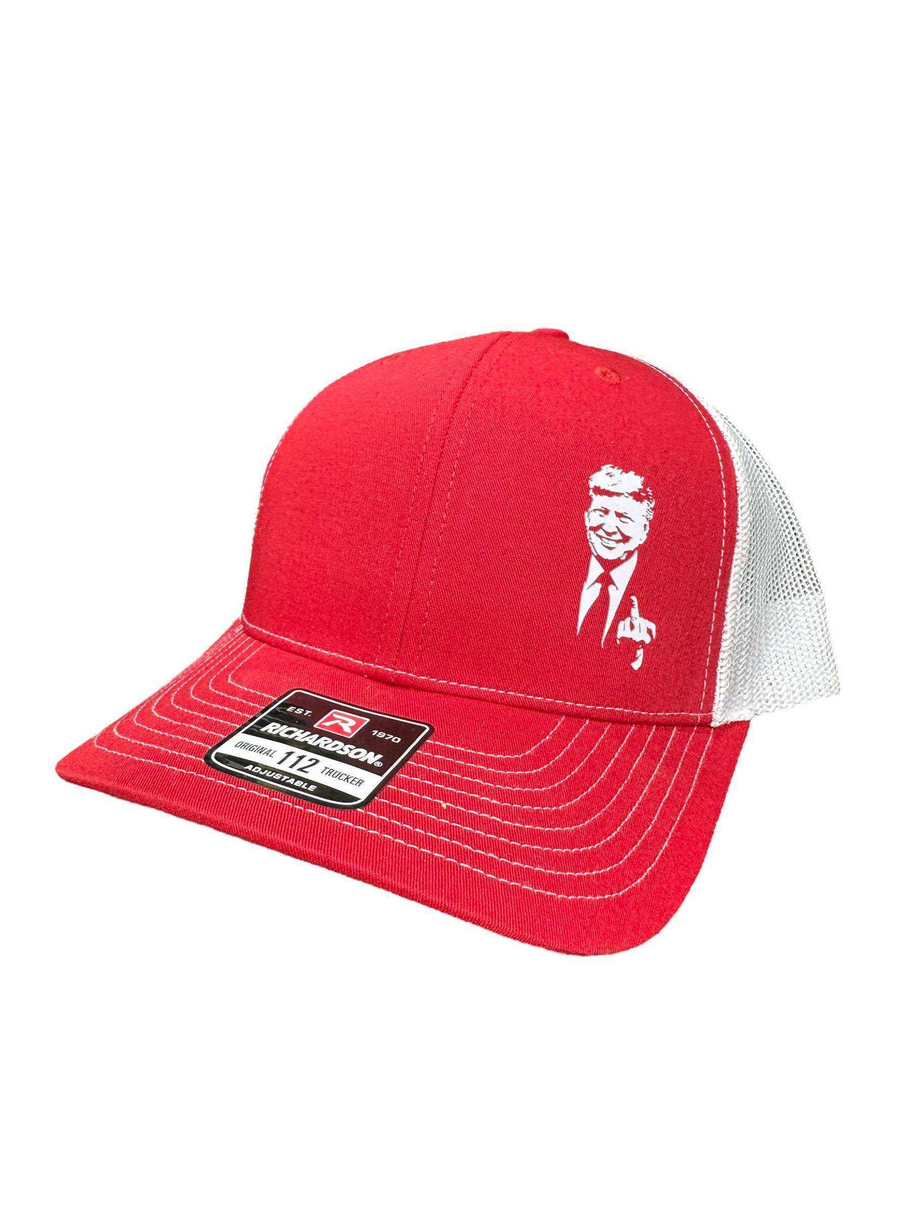 Trump Hat One Finger Solute 47 Patch on Richardson 112 Trucker Hat with adjustable snapback and premium leatherette patch