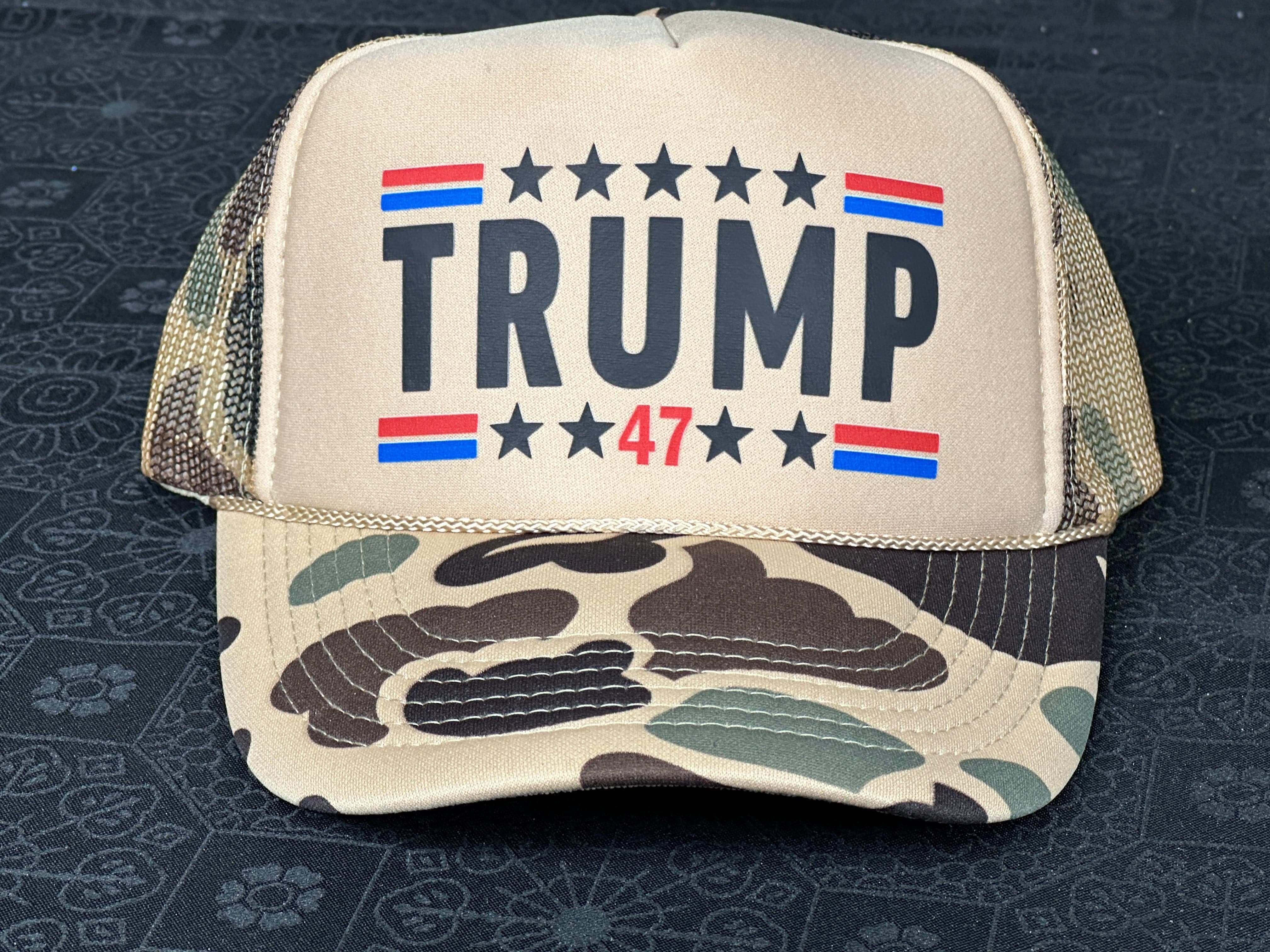 Trump 47 Foam Camo unisex 5 panel trucker hat with premium DTF print and high profile design