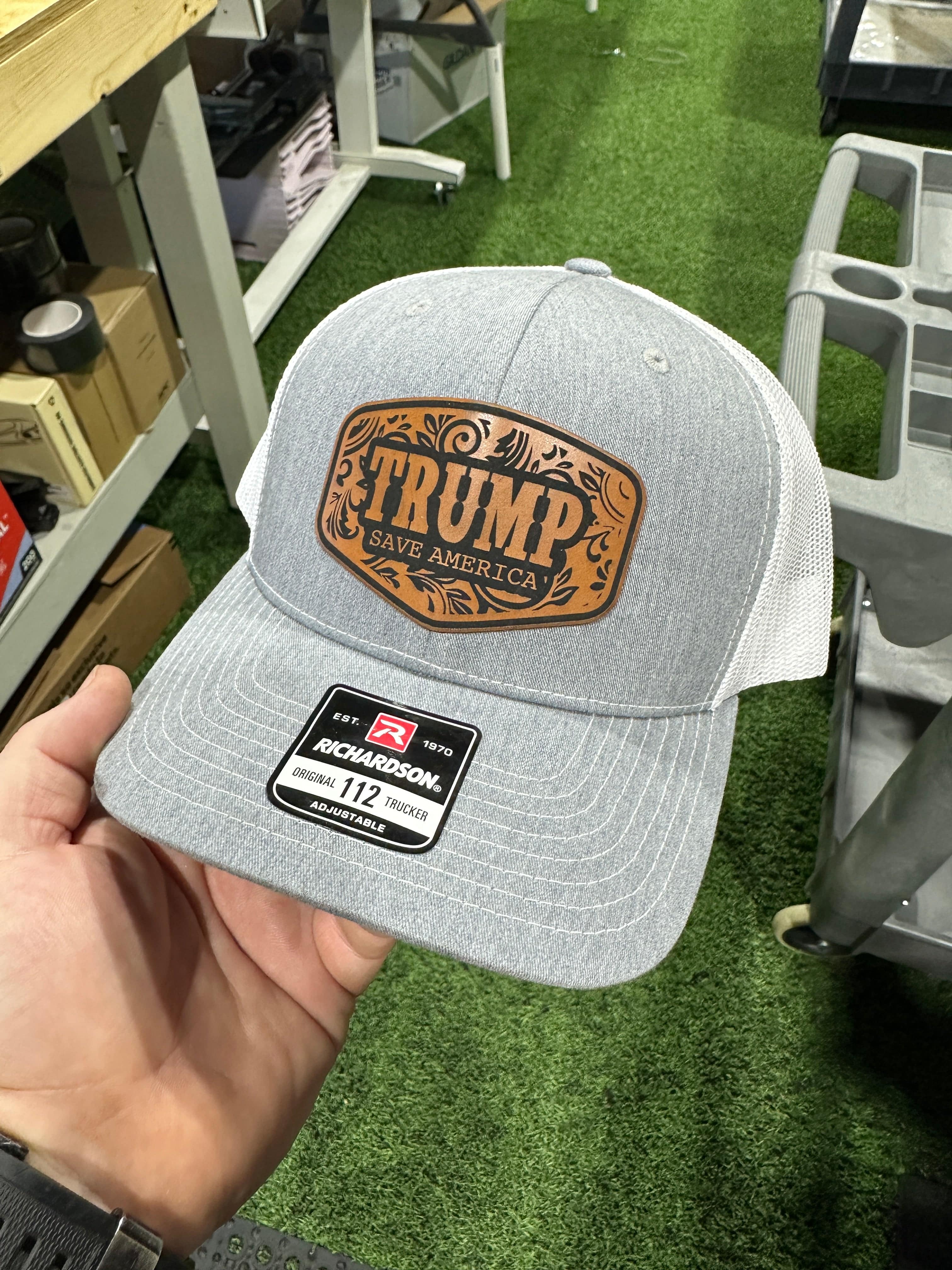 Trump Save America 2024 Trucker Hat Premium Leatherette Patch on Richardson 112 Trucker Hat Patriotic Hat GenX Hat Adult Hat Unisex - F5 Custom Designs