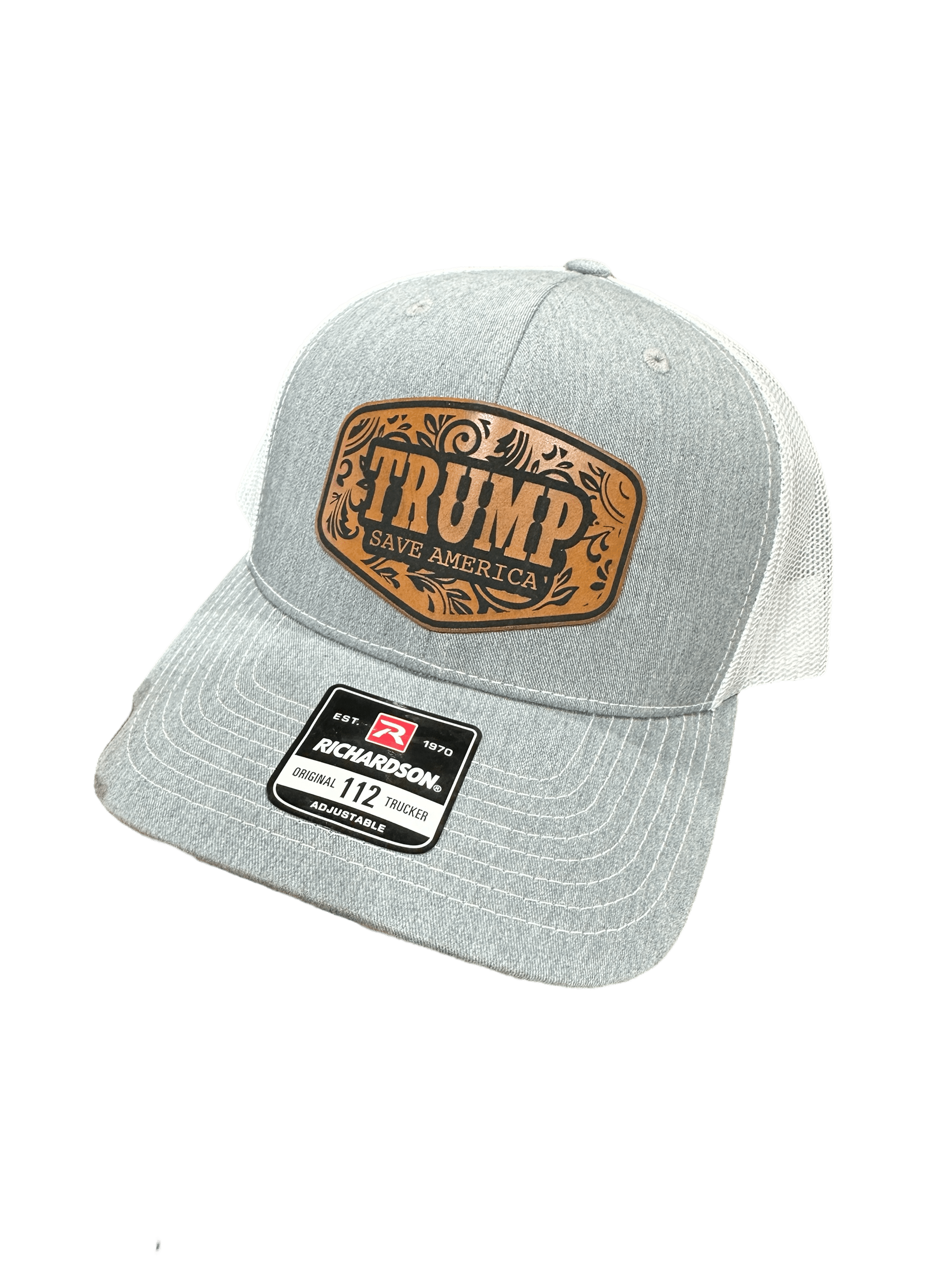Trump Save America 2024 trucker hat with premium leatherette patch on adjustable Richardson 112 unisex hat
