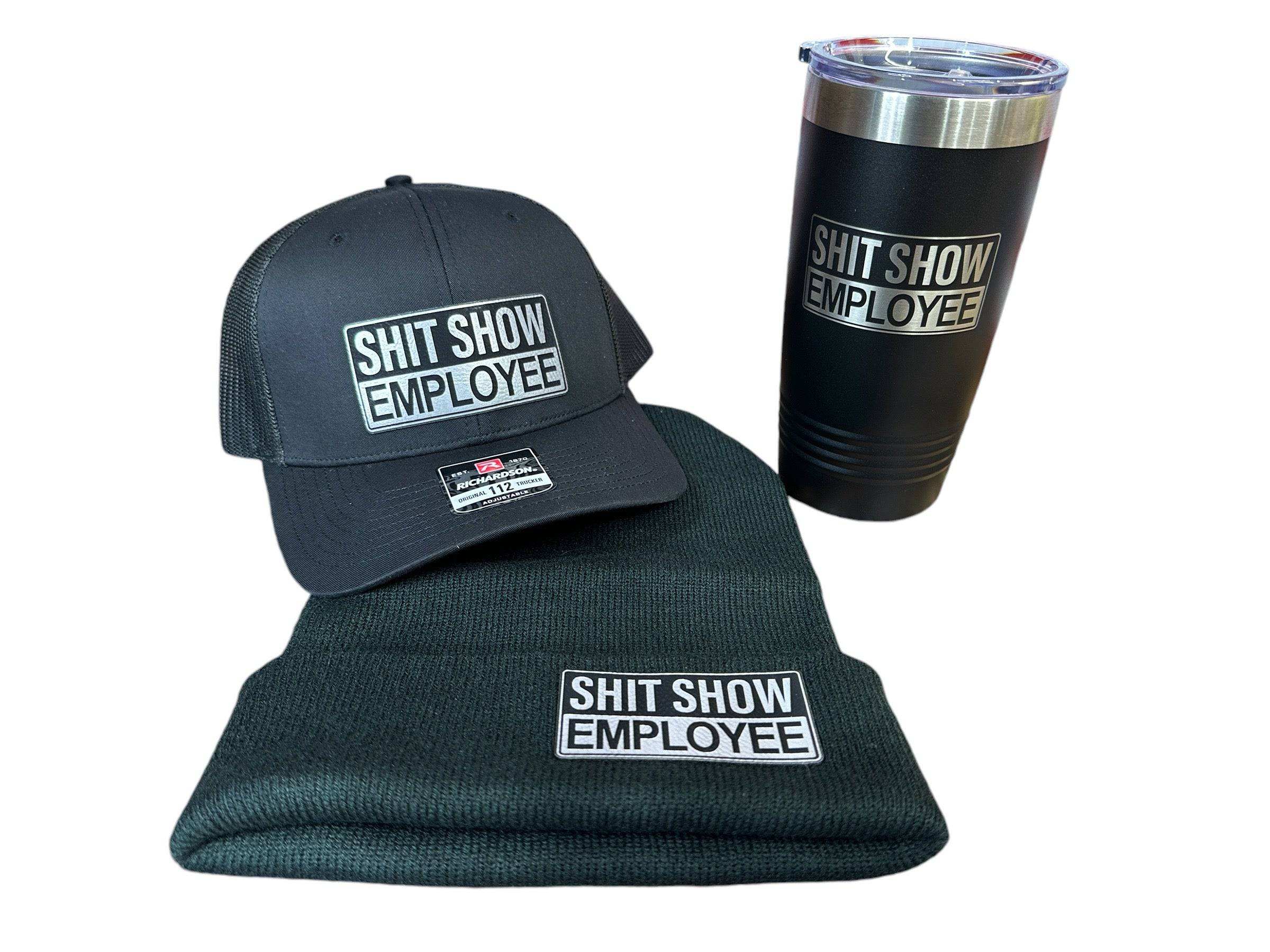 ShitShow Employee Hat, beanie, and 20 oz tumbler bundle with leatherette patch and engraving