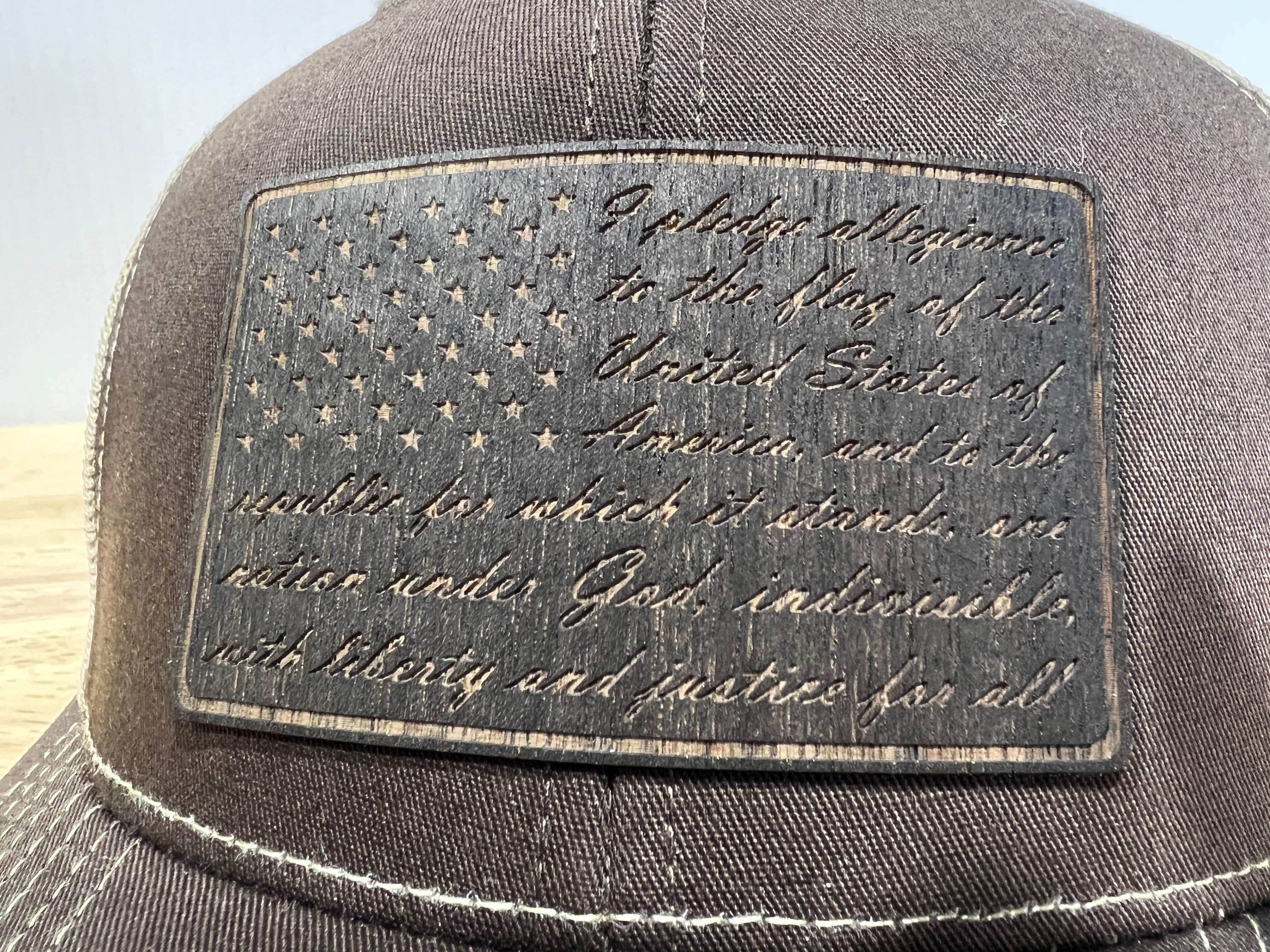 REAL Walnut Engraved Wood Patch Pledge of Allegiance American Flag Hat Design on a Richardson 112 Trucker Hat. - F5 Custom Designs