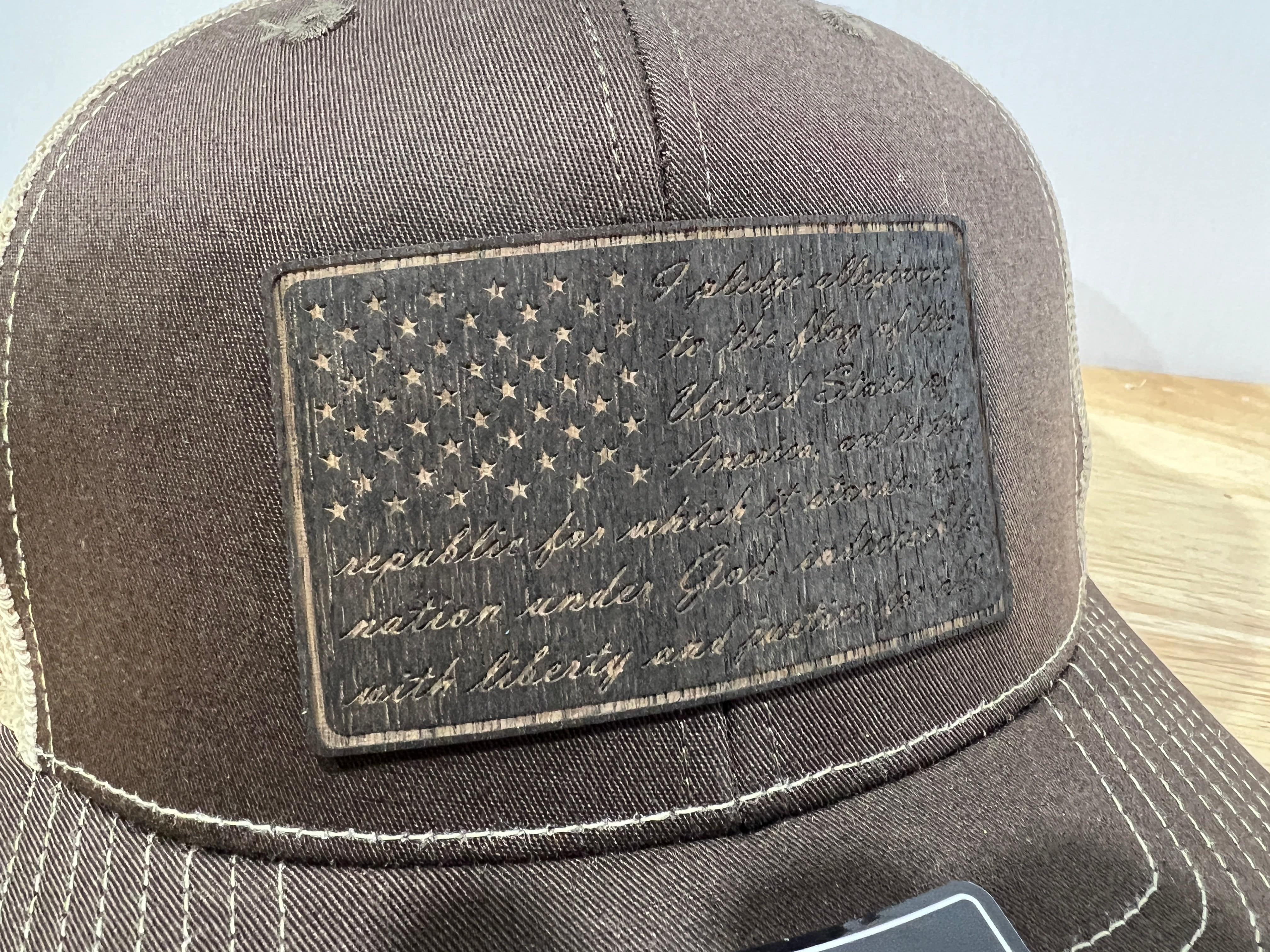 REAL Walnut Engraved Wood Patch Pledge of Allegiance American Flag Hat Design on a Richardson 112 Trucker Hat. - F5 Custom Designs
