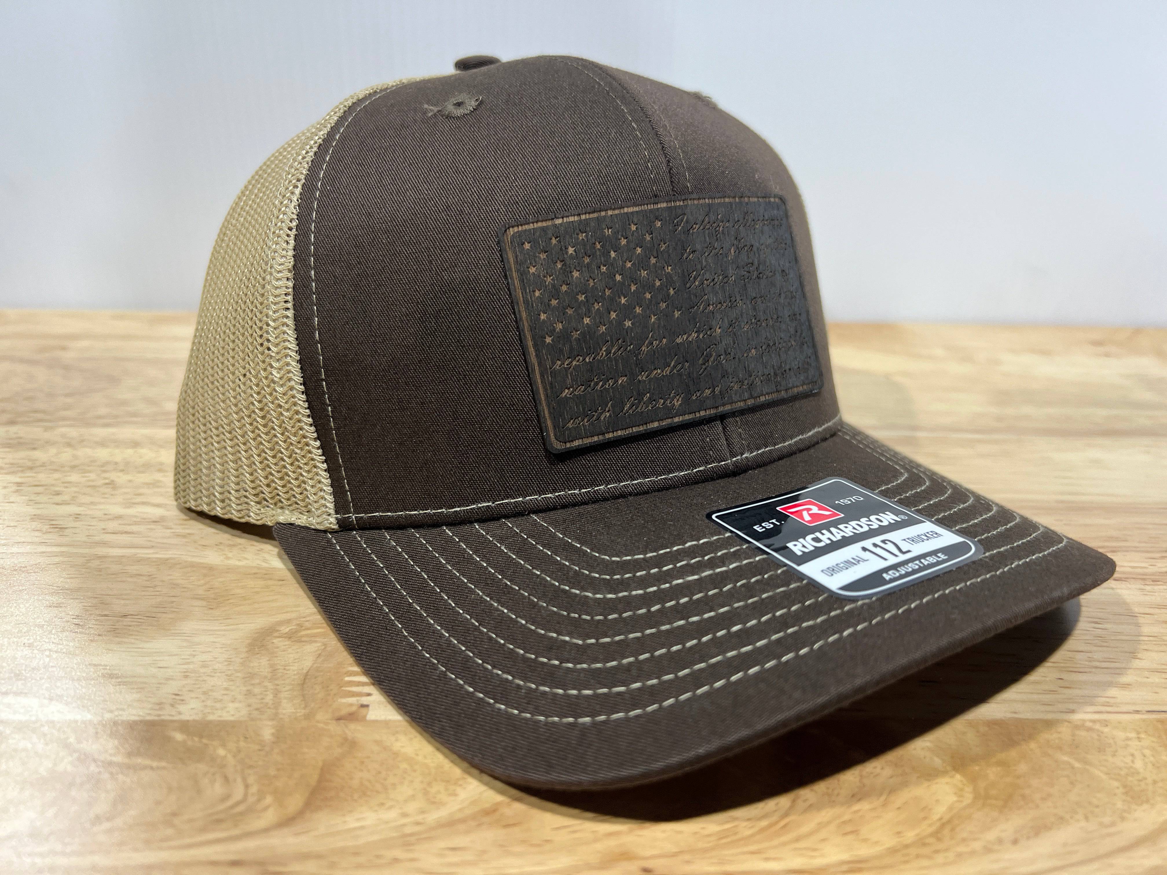 REAL Walnut Engraved Wood Patch Pledge of Allegiance American Flag Hat Design on a Richardson 112 Trucker Hat. - F5 Custom Designs