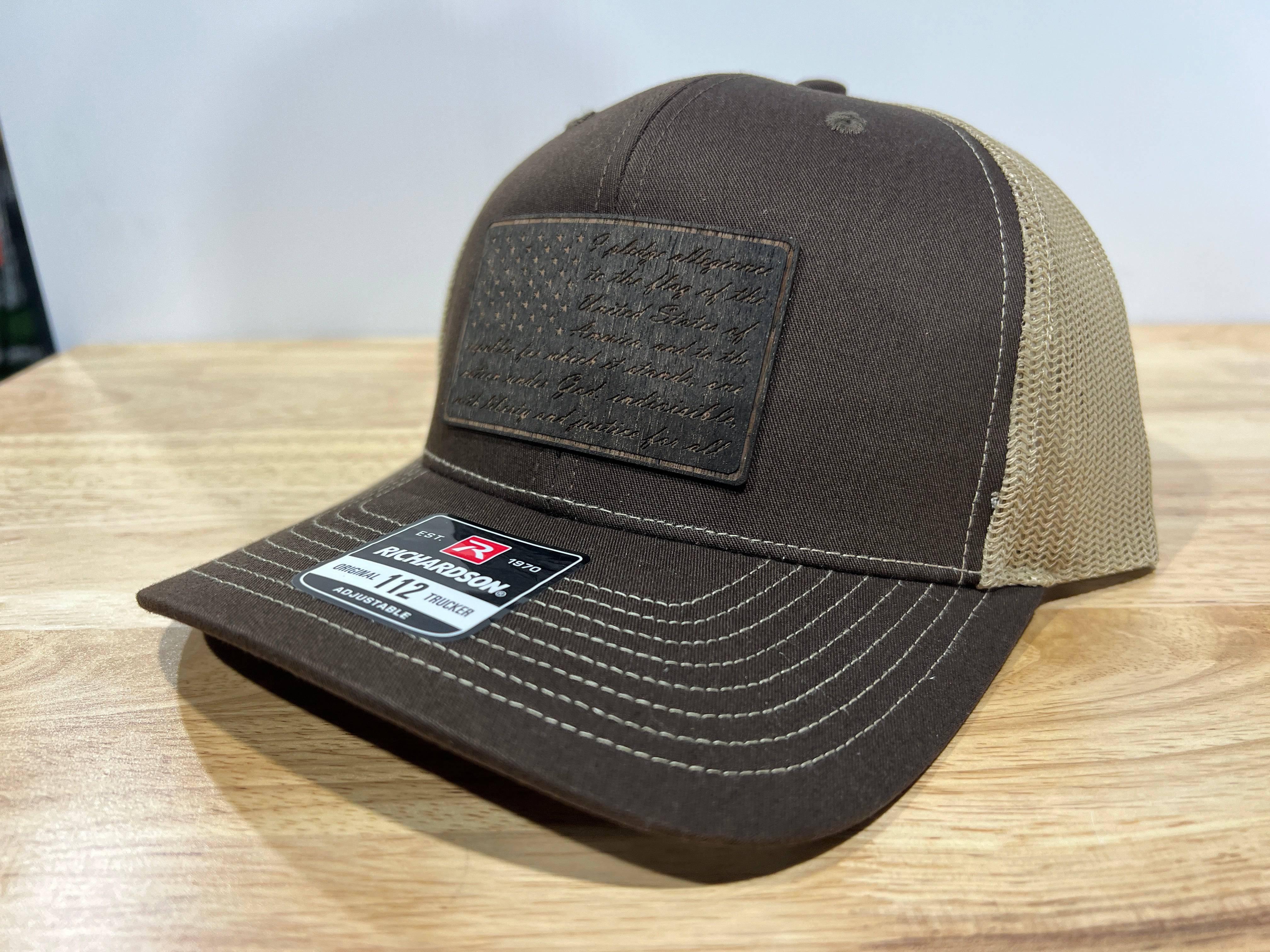 REAL Walnut Engraved Wood Patch Pledge of Allegiance American Flag Hat Design on a Richardson 112 Trucker Hat. - F5 Custom Designs