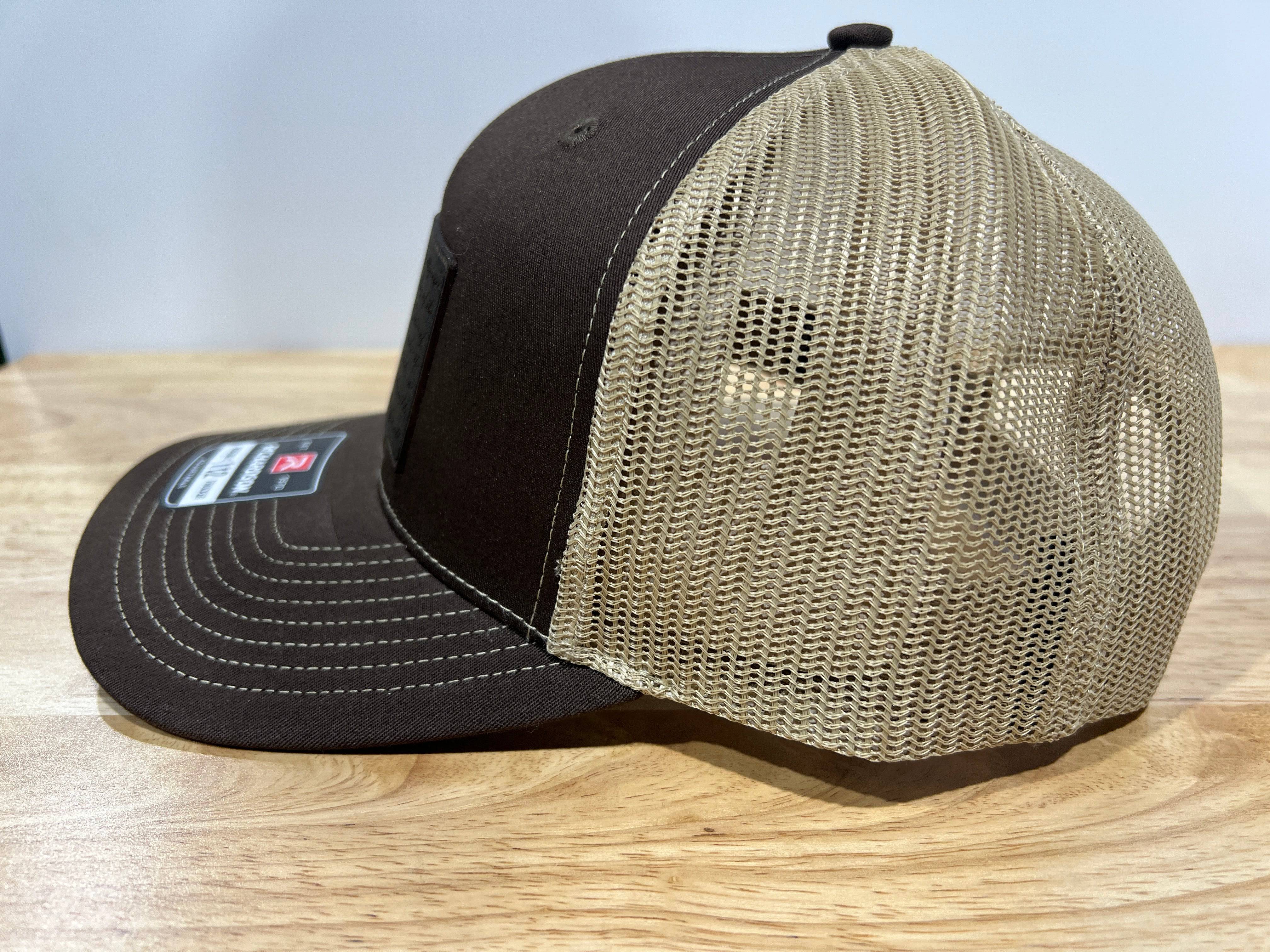 REAL Walnut Engraved Wood Patch Pledge of Allegiance American Flag Hat Design on a Richardson 112 Trucker Hat. - F5 Custom Designs