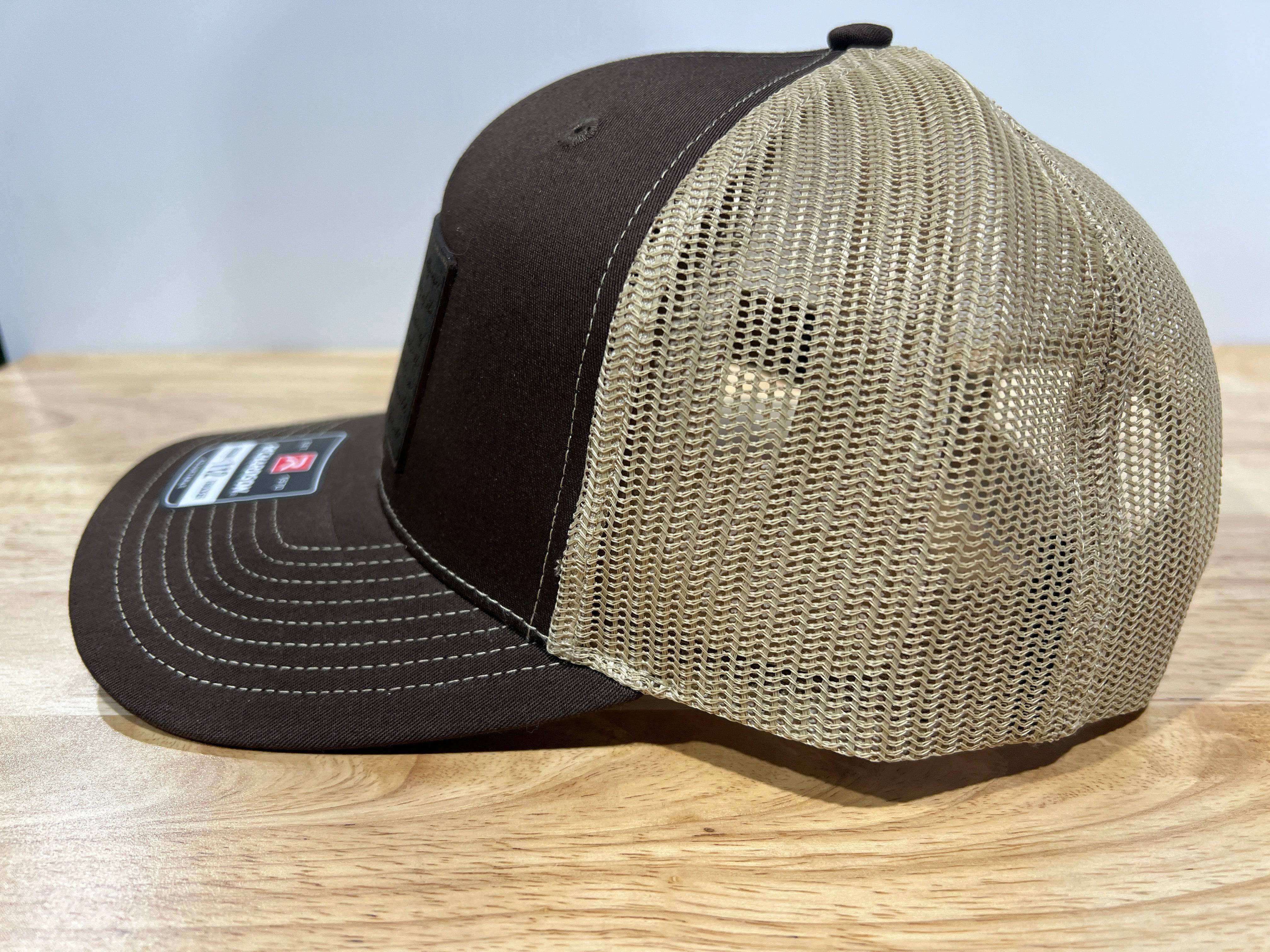 REAL Walnut Engraved Wood Patch Pledge of Allegiance American Flag Hat Design on a Richardson 112 Trucker Hat. - F5 Custom Designs