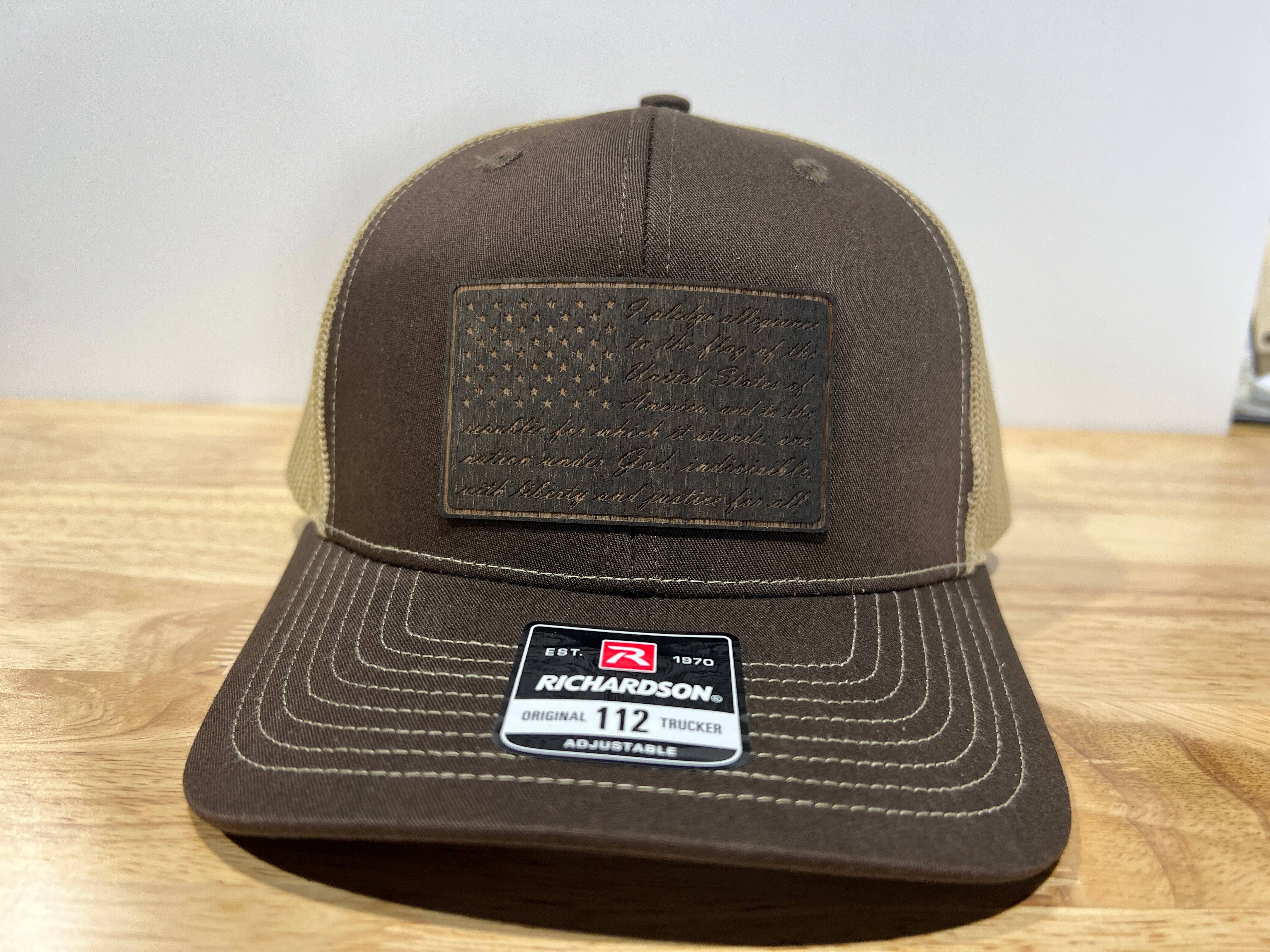 REAL Walnut Engraved Wood Patch Pledge of Allegiance American Flag Hat Design on a Richardson 112 Trucker Hat. - F5 Custom Designs