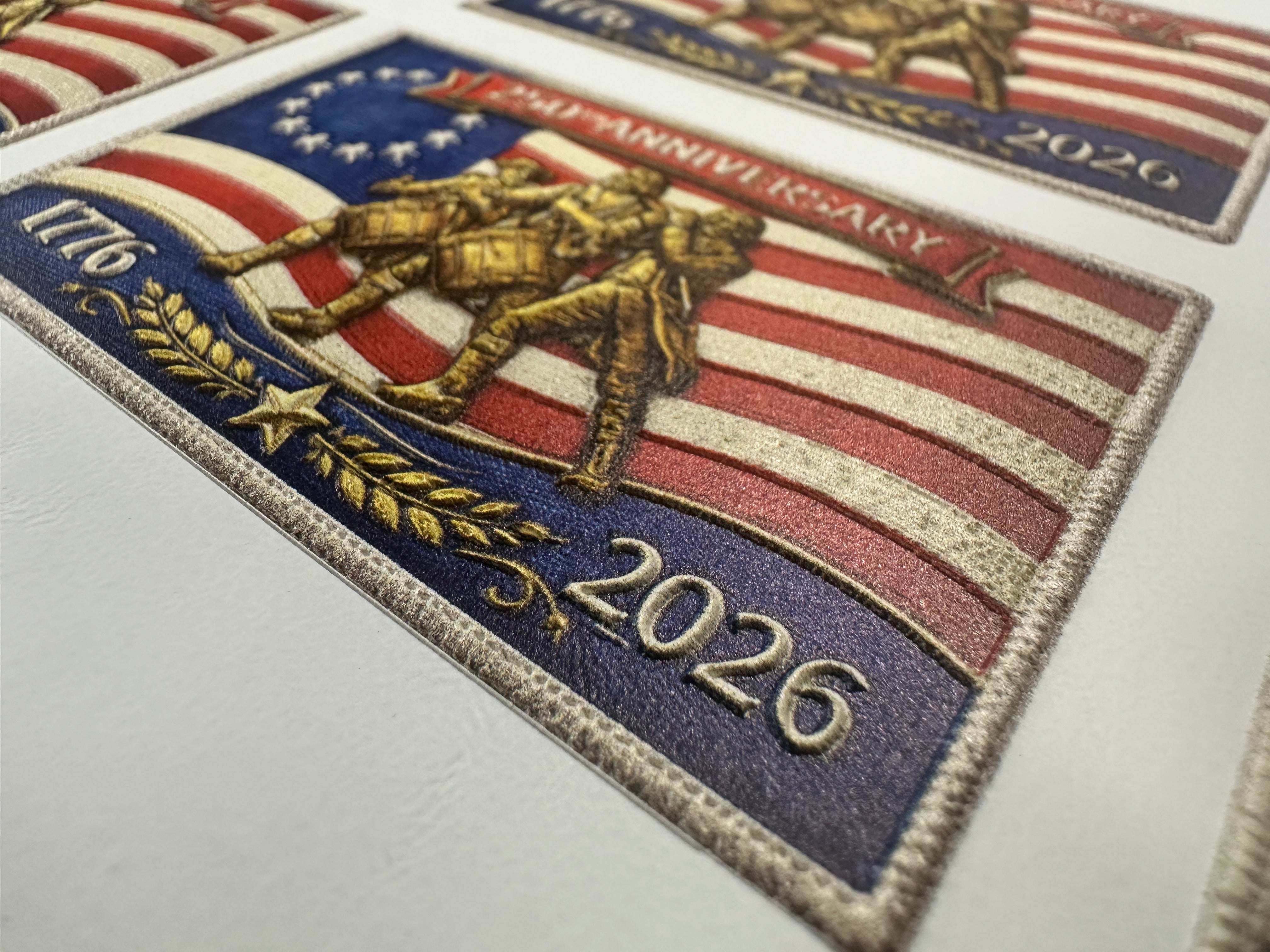 250th Anniversary UV Printed Leatherette Hat Patch with patriotic design, durable weather-resistant custom hat patch made in USA