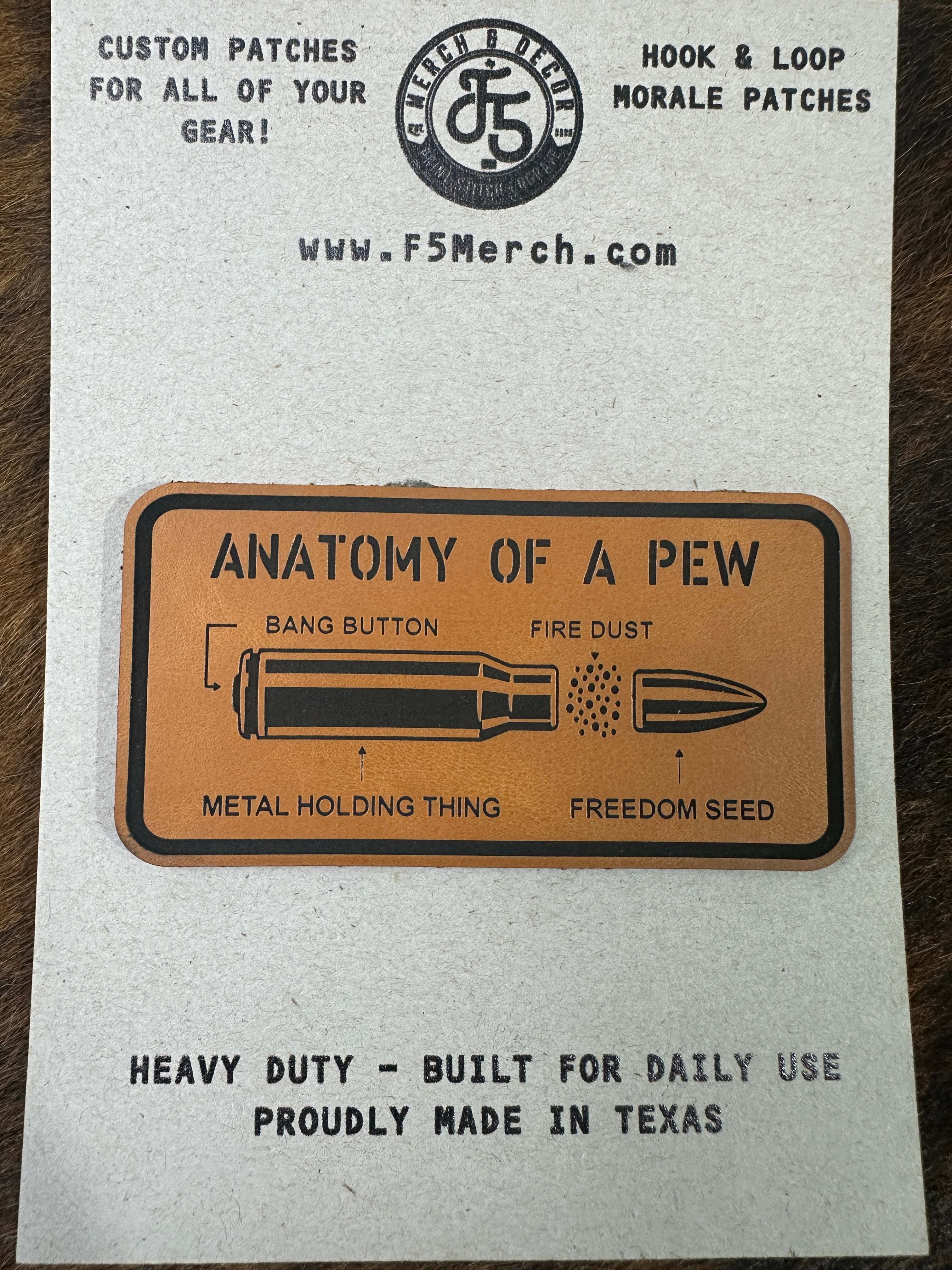 Custom laser engraved leatherette patch with sarcastic "Anatomy of a Pew" design for hats and apparel