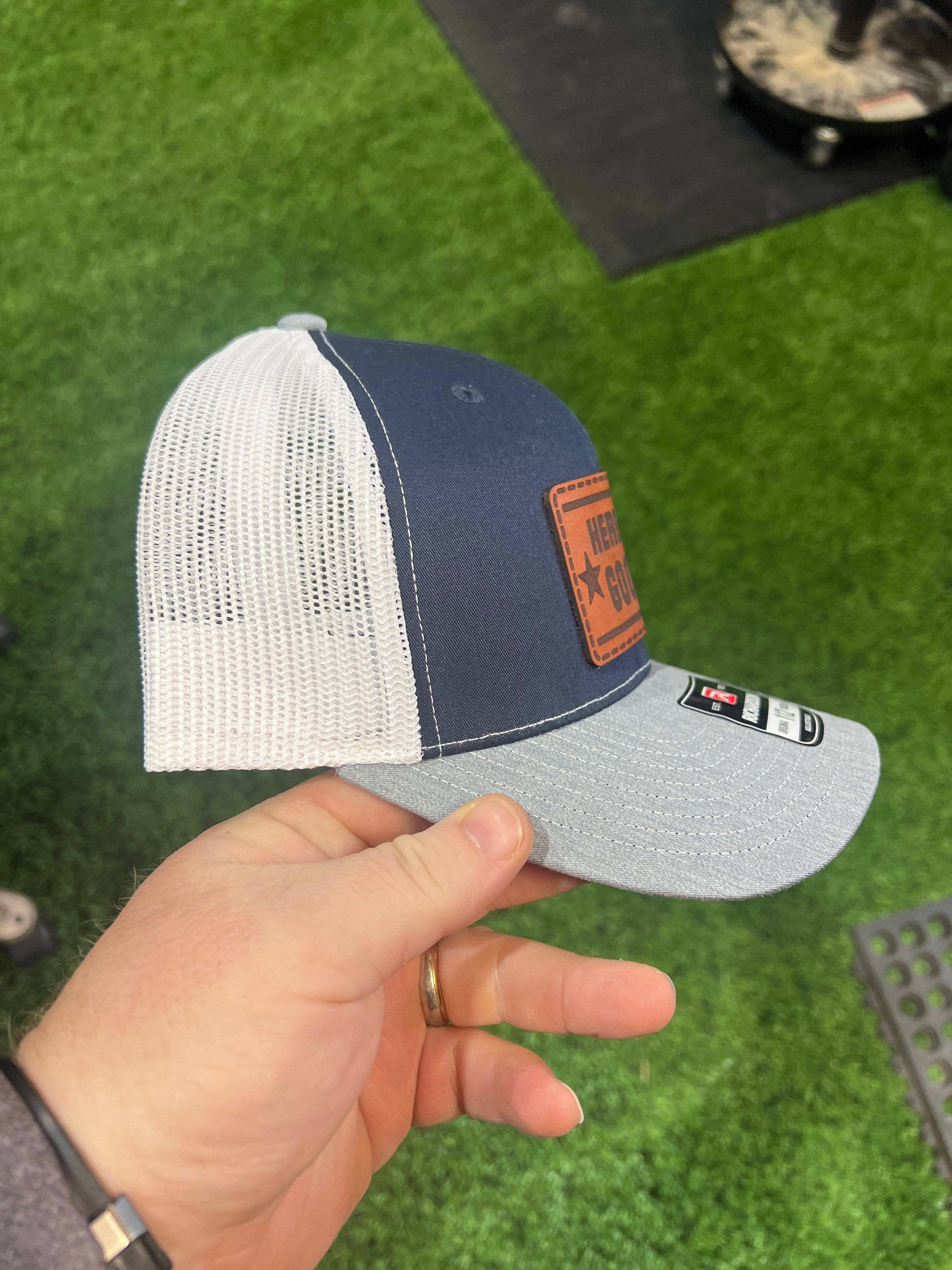 Here we Goooo Genuine Leather Patch on a Richardson 112 Trucker Hat - F5 Custom Designs