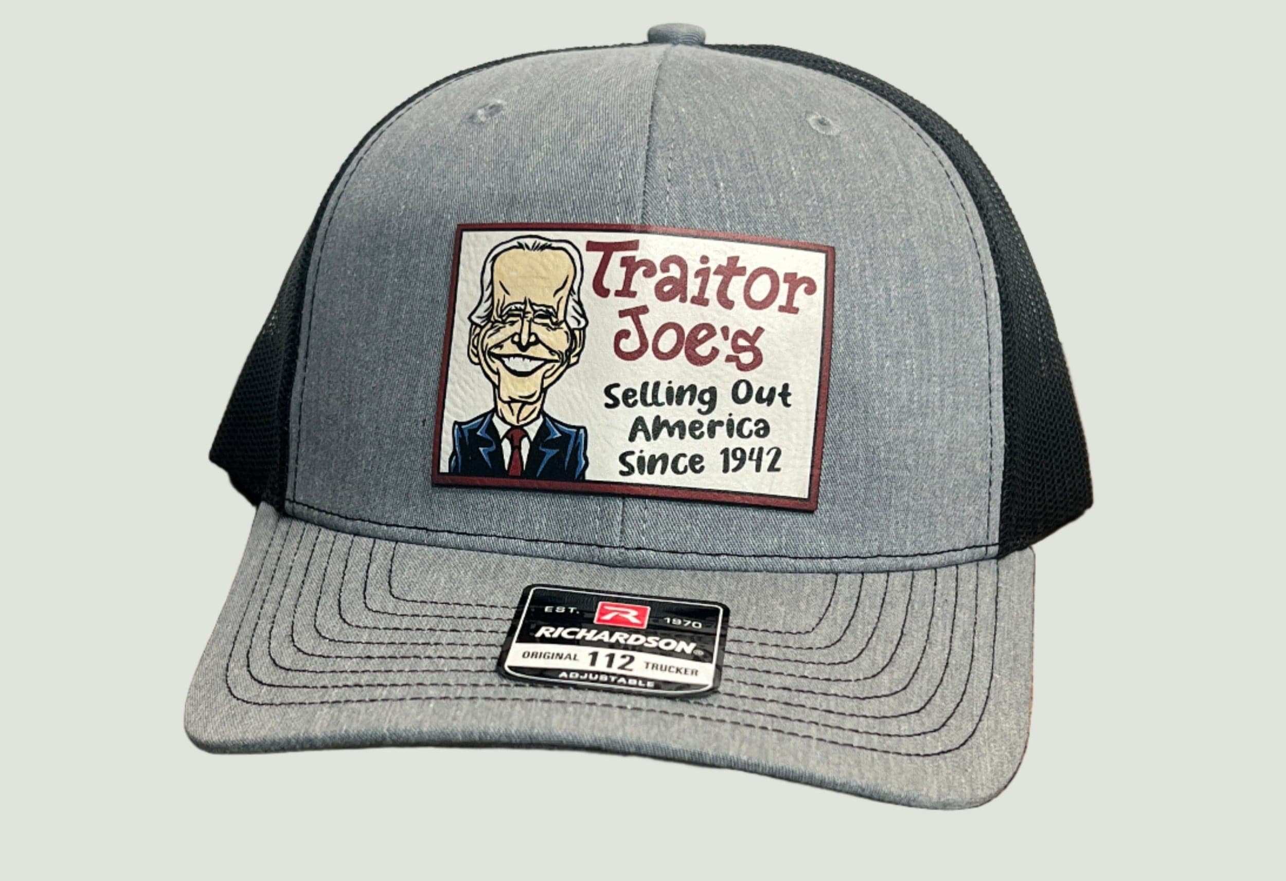 Traitor J’s Trucker Hat with UV printed leatherette patch on Richardson 112 adjustable snapback cap