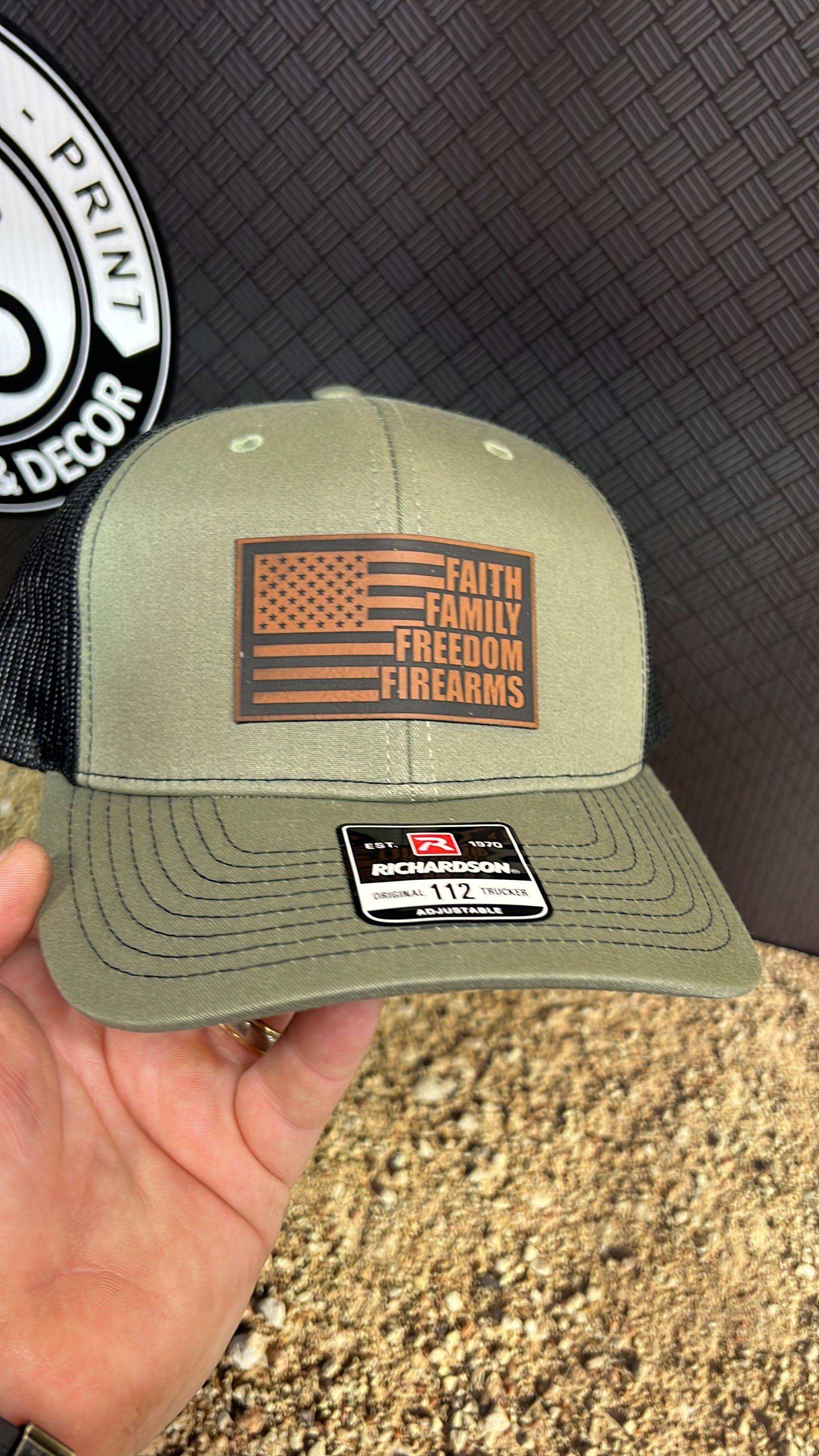 Faith Family Freedom Hat with a Premium Leatherette Patch! Richardson 112 Trucker Hat Baseball Cap Summer Winter - F5 Custom Designs