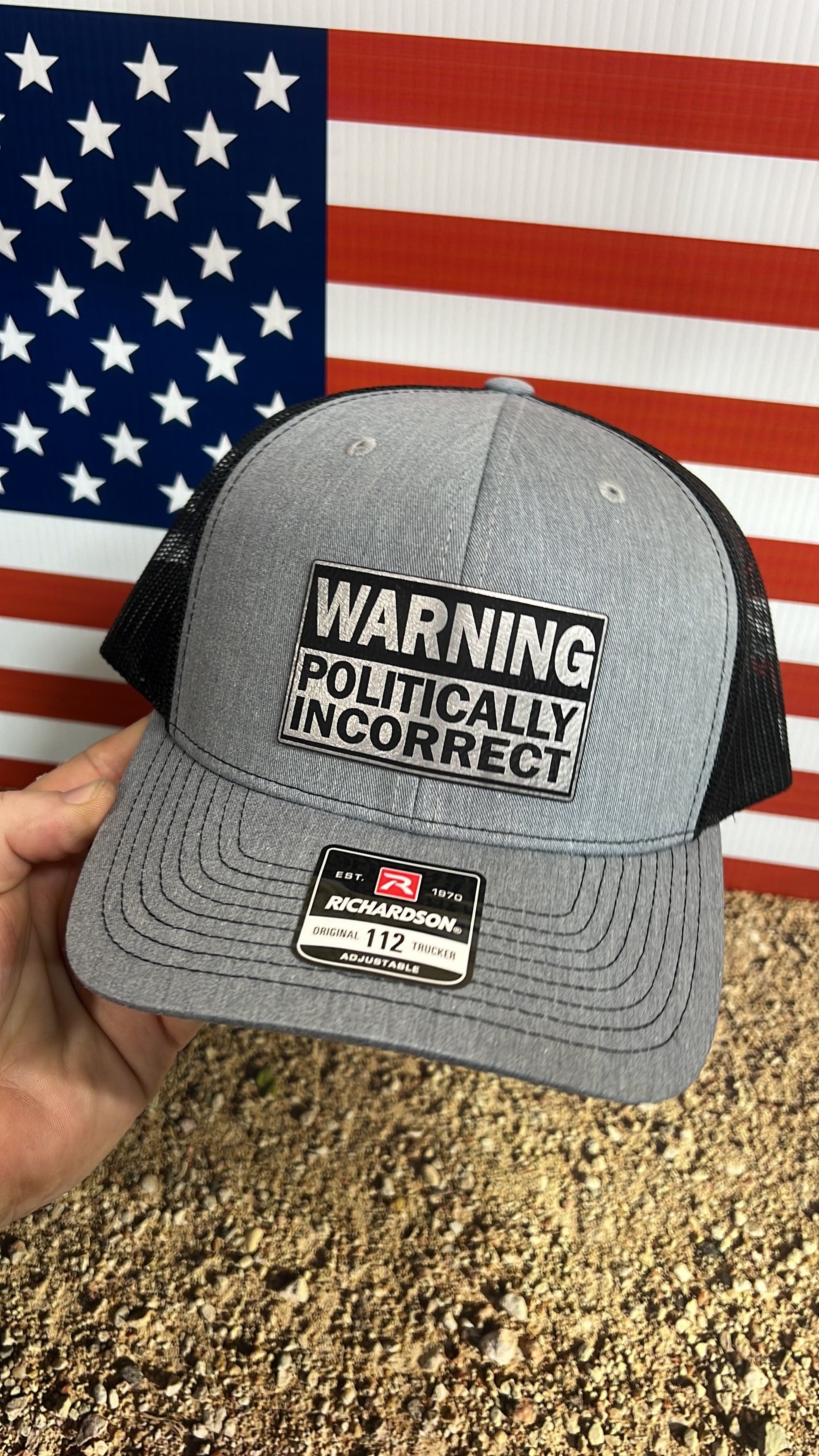 WARNING Politically Incorrect Hat with Laser Engraved Premium Leatherette Patch on a Richardson 112 Trucker Hat. - F5 Custom Designs