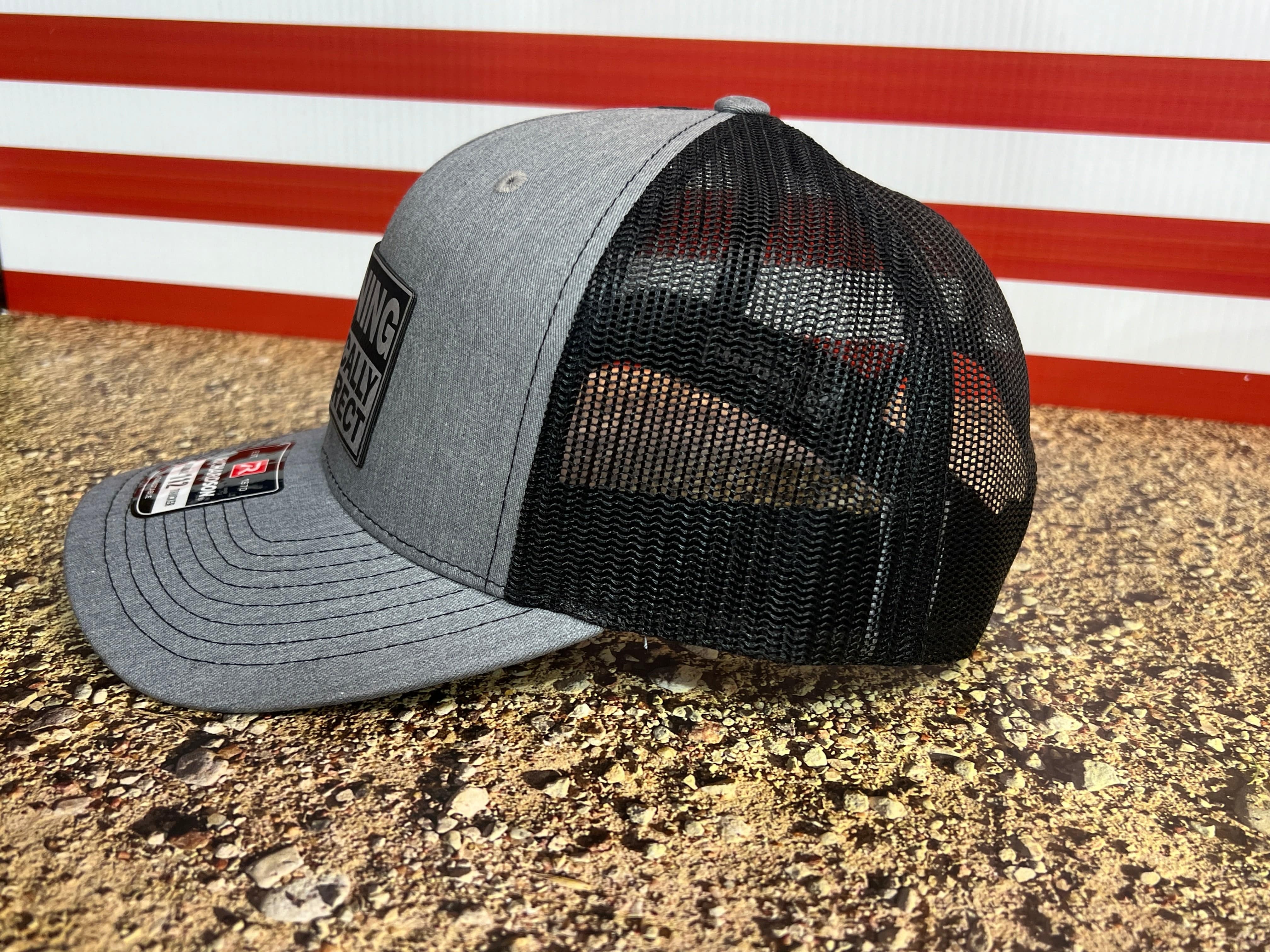 WARNING Politically Incorrect Hat with Laser Engraved Premium Leatherette Patch on a Richardson 112 Trucker Hat. - F5 Custom Designs