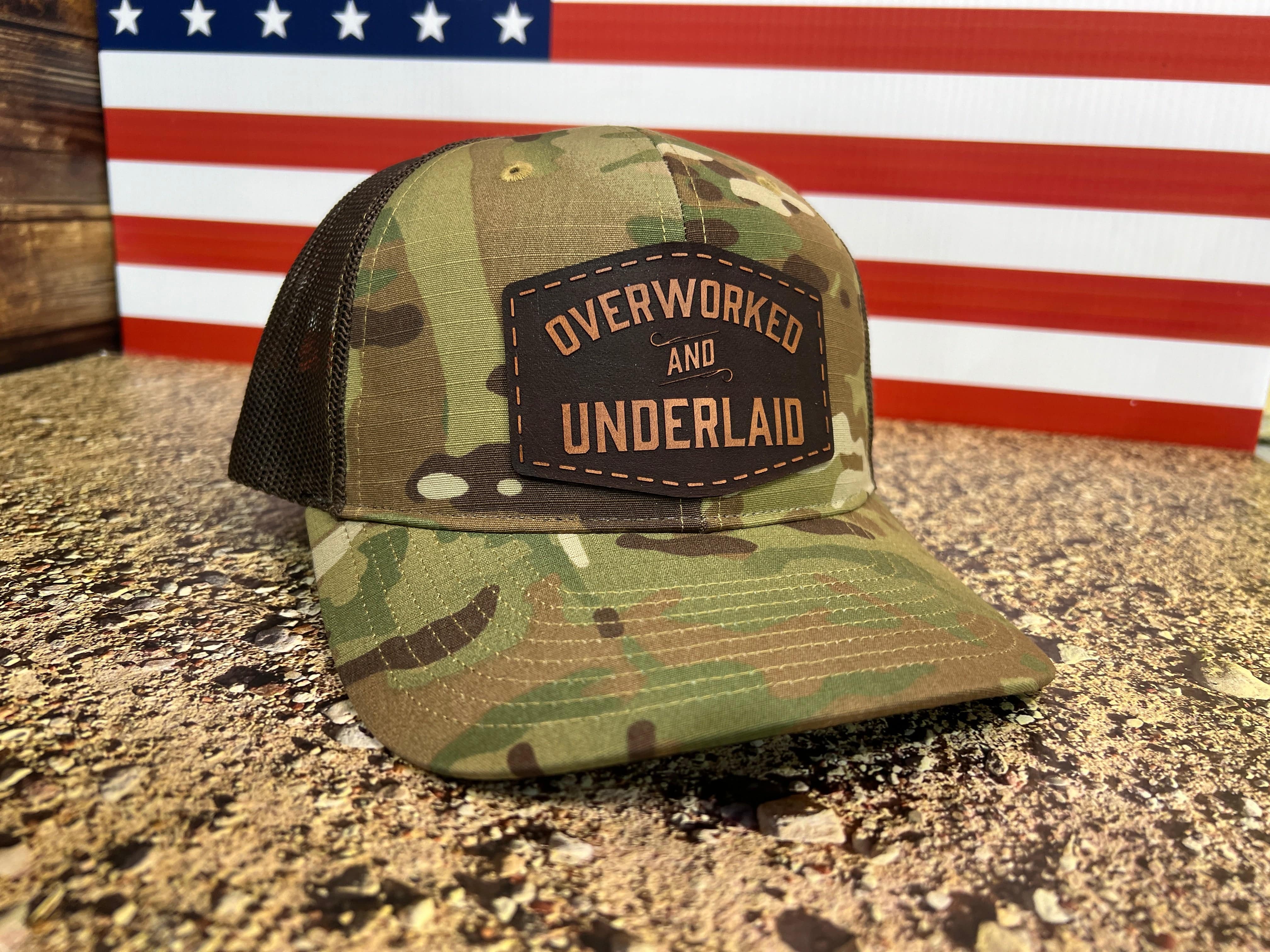 Genuine Leather Overworked Underlaid Hat Laser Engraved Genuine Leather Patch on a Richardson 862 Camo Hat. - F5 Custom Designs