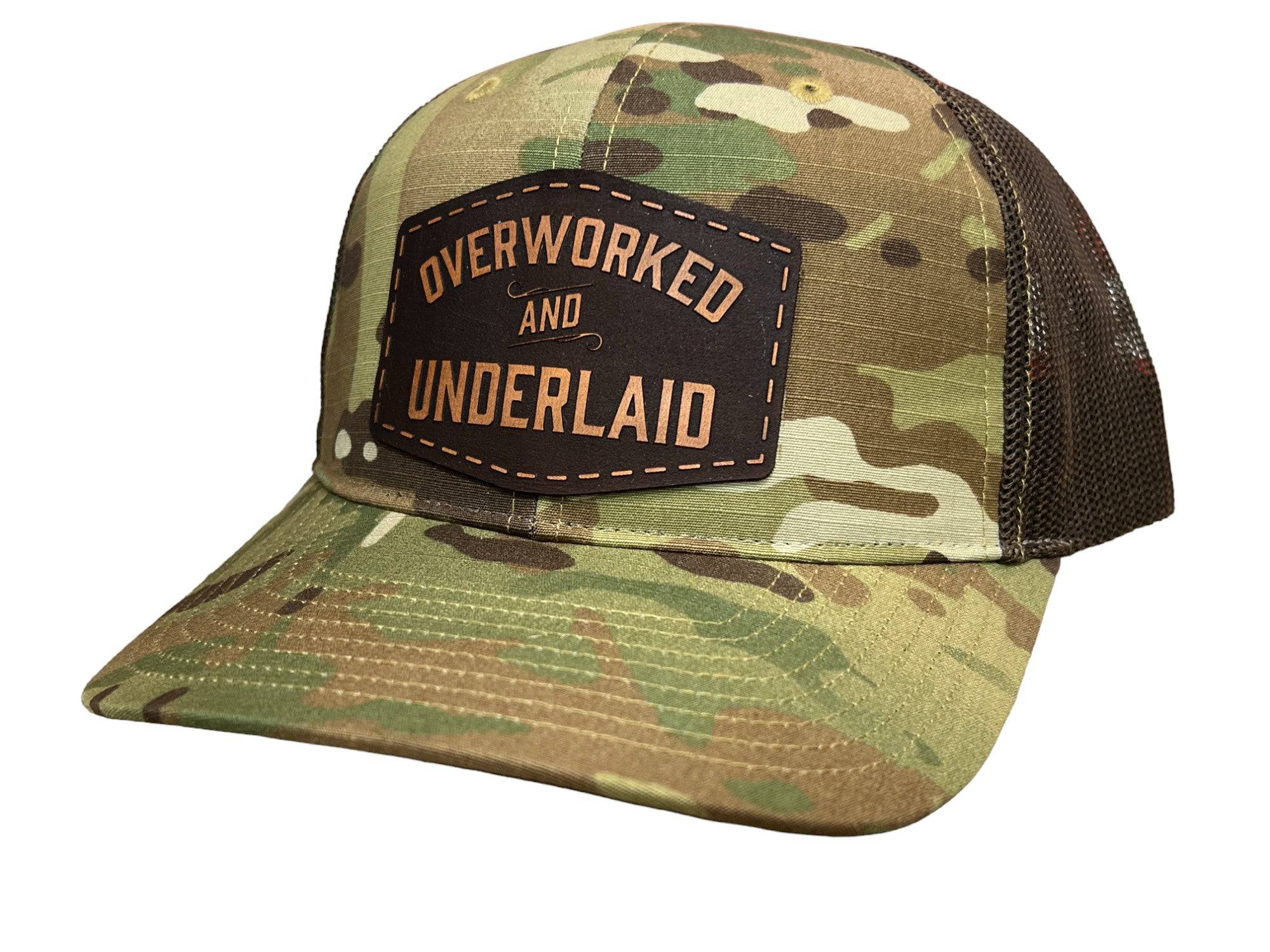 Genuine Leather Overworked Underlaid Hat Laser Engraved Genuine Leather Patch on a Richardson 862 Camo Hat. - F5 Custom Designs