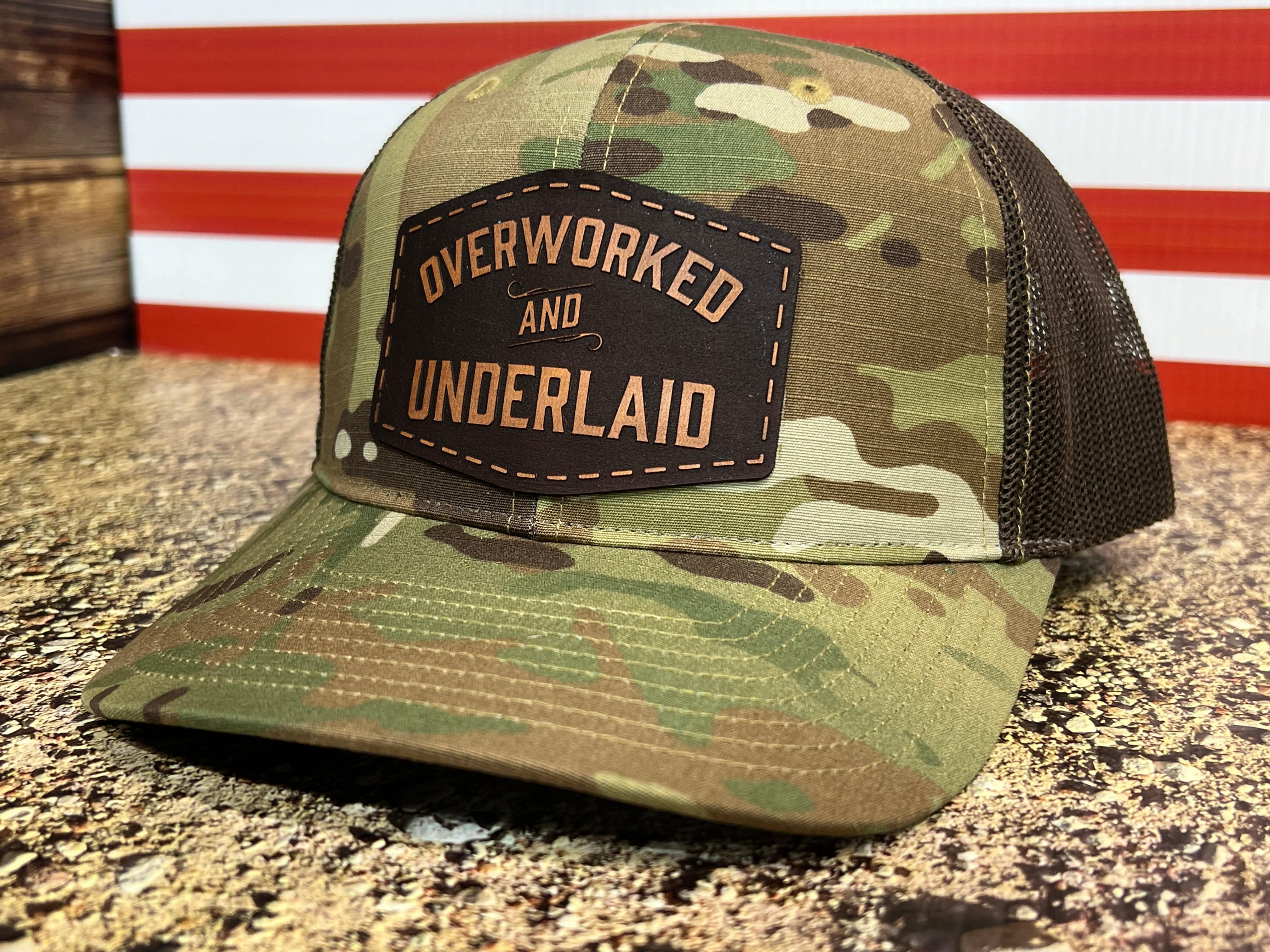 Genuine Leather Overworked Underlaid Hat Laser Engraved Genuine Leather Patch on a Richardson 862 Camo Hat. - F5 Custom Designs