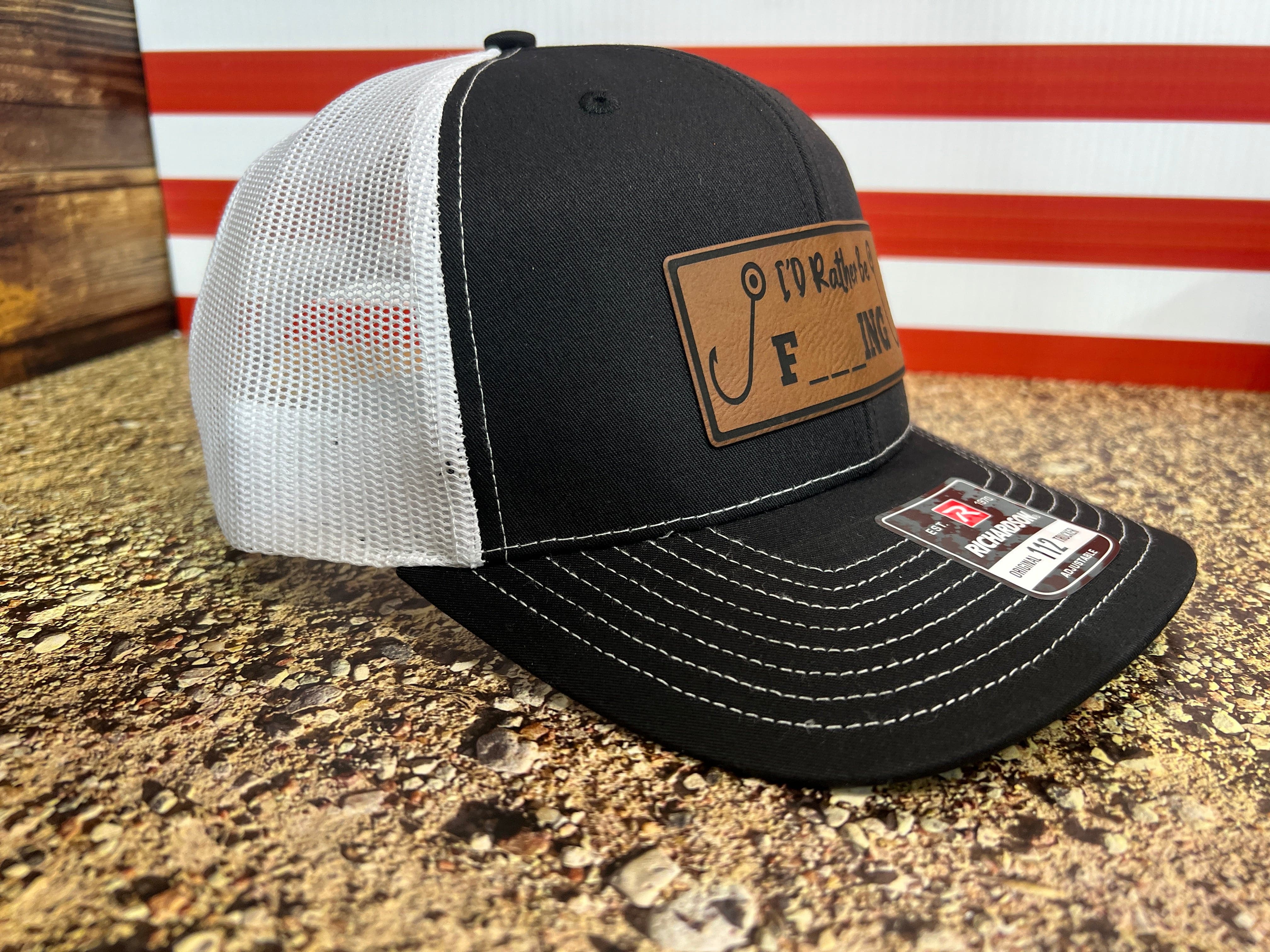 I’d Rather Be Fishing Hat with Engraved Premium Leatherette Patch on Richardson 112 Trucker Hat - F5 Custom Designs