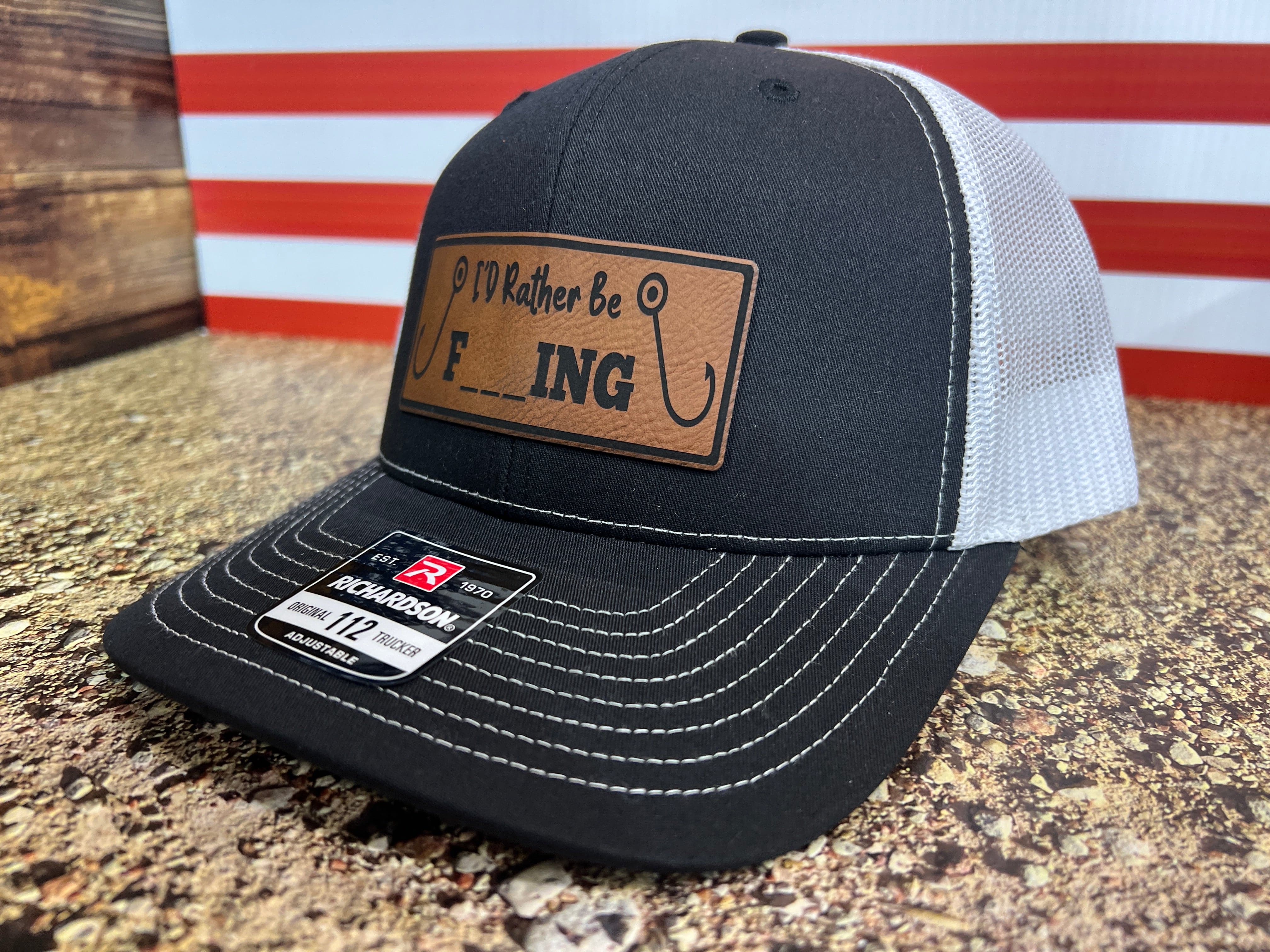 I’d Rather Be Fishing Hat with Engraved Premium Leatherette Patch on Richardson 112 Trucker Hat - F5 Custom Designs
