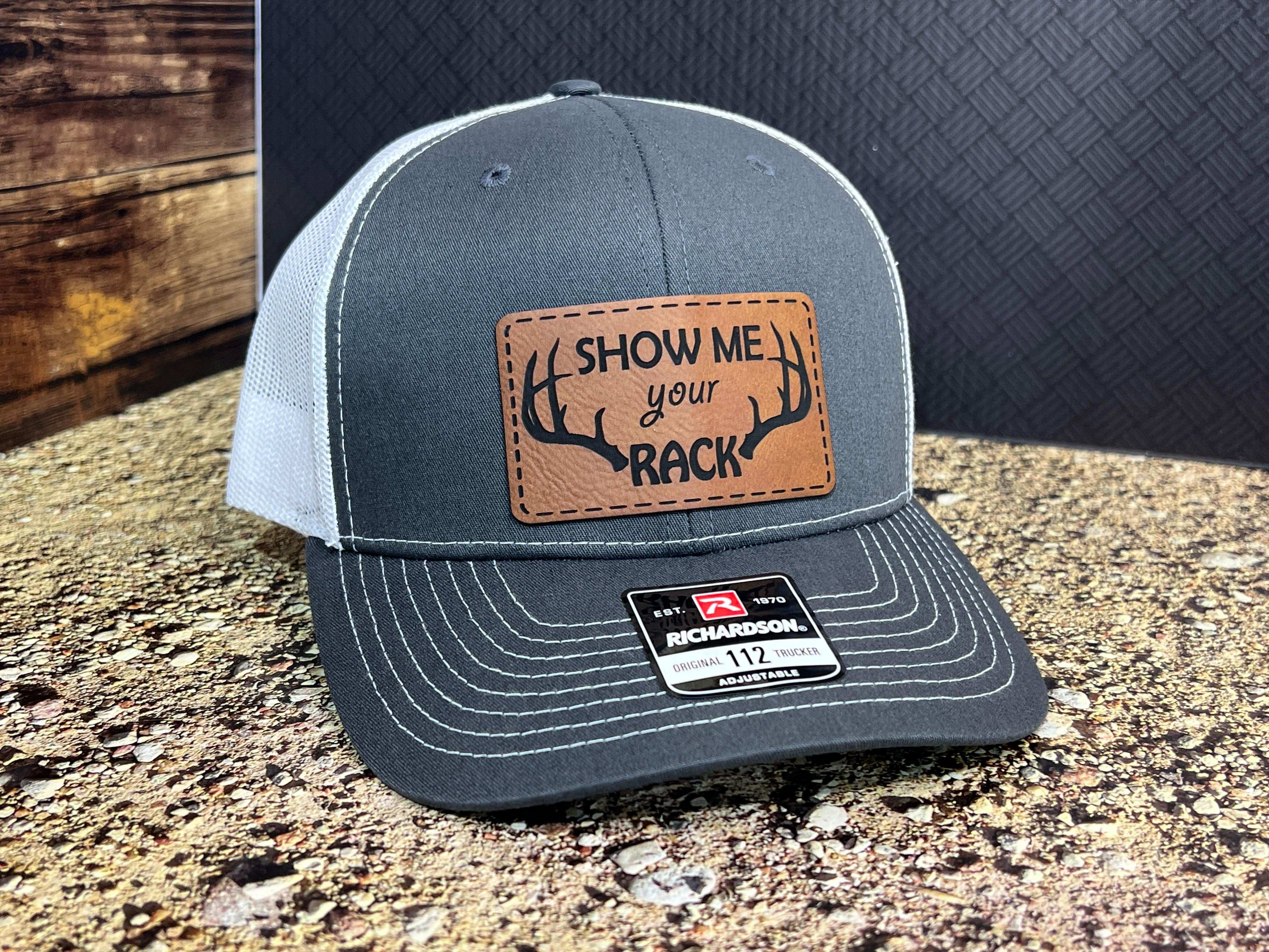 Show Me Your Rack Hat with Premium Leatherette Patch on a Richardson 112 Trucker Custom Patch Hat - F5 Custom Designs