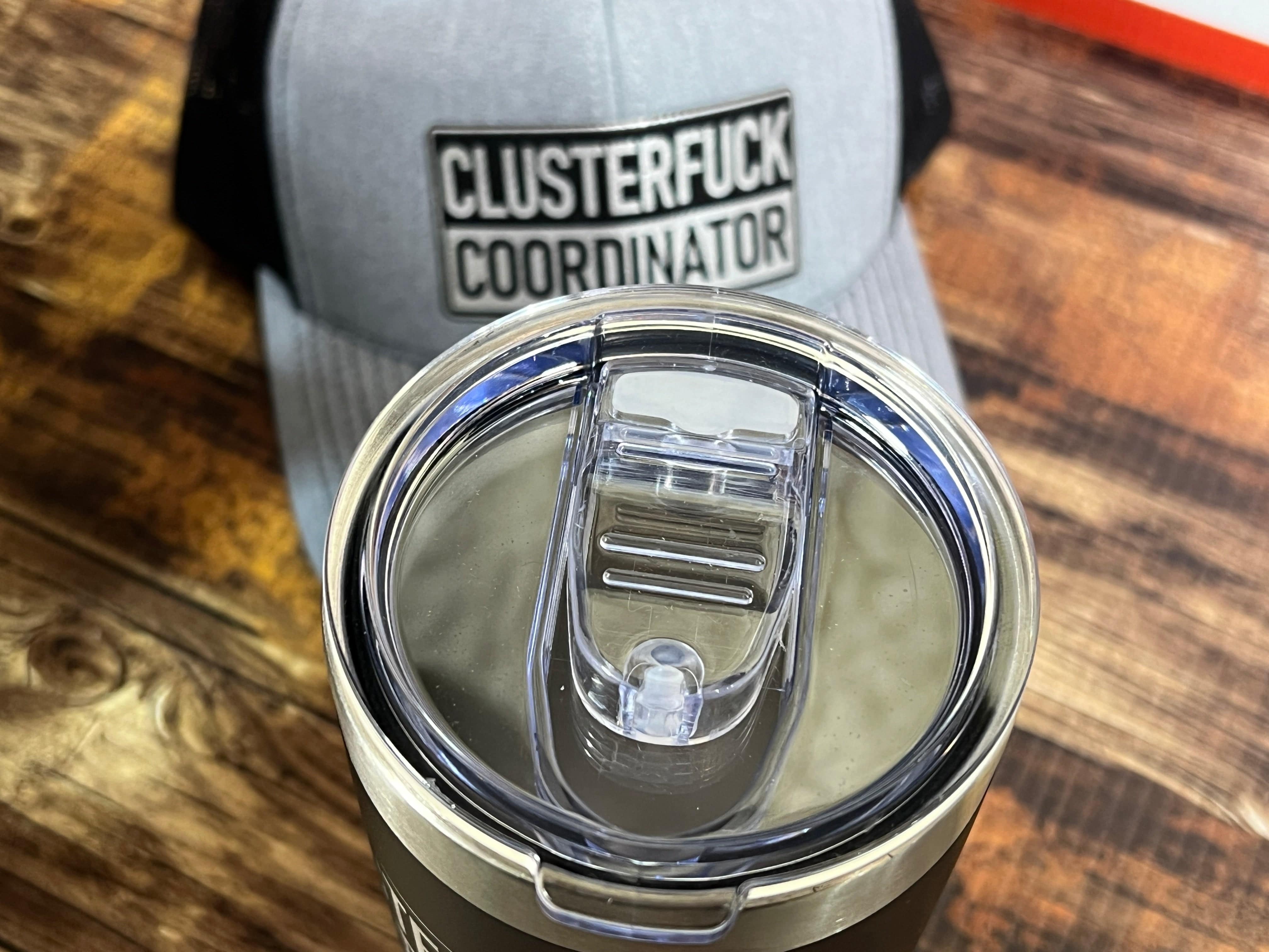 Clusterf*ck Coordinator Hat & Tumbler Combo Premium Leatherette Engraved Patch on a Richardson 112 Trucker Hat & 20 oz Polar Camel Tumbler - F5 Custom Designs