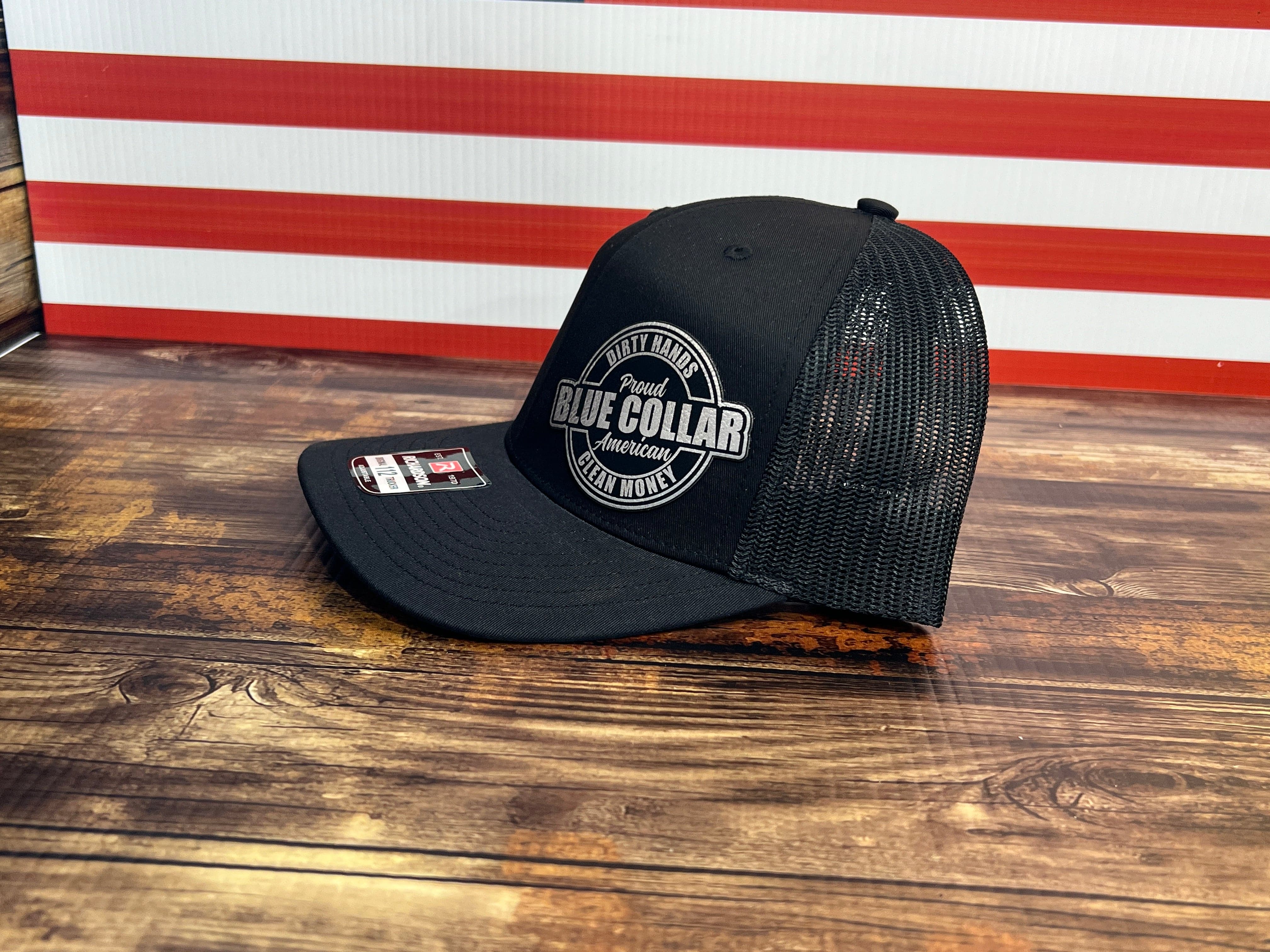 Proud Blue Collar American Hat - Dirty Hands, Clean Money Leatherette Patch on a Richardson 112 Trucker Hat Baseball Cap Summer Winter - F5 Custom Designs