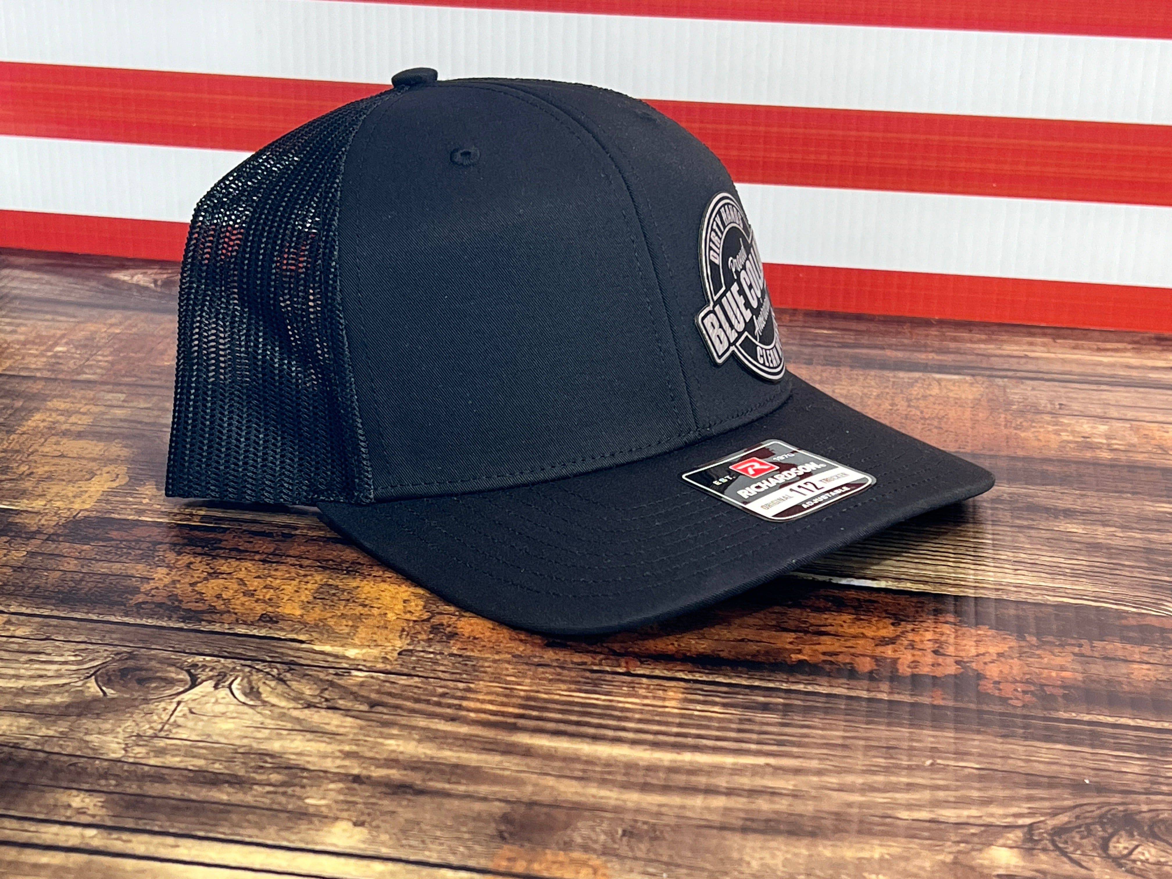 Proud Blue Collar American Hat - Dirty Hands, Clean Money Leatherette Patch on a Richardson 112 Trucker Hat Baseball Cap Summer Winter - F5 Custom Designs