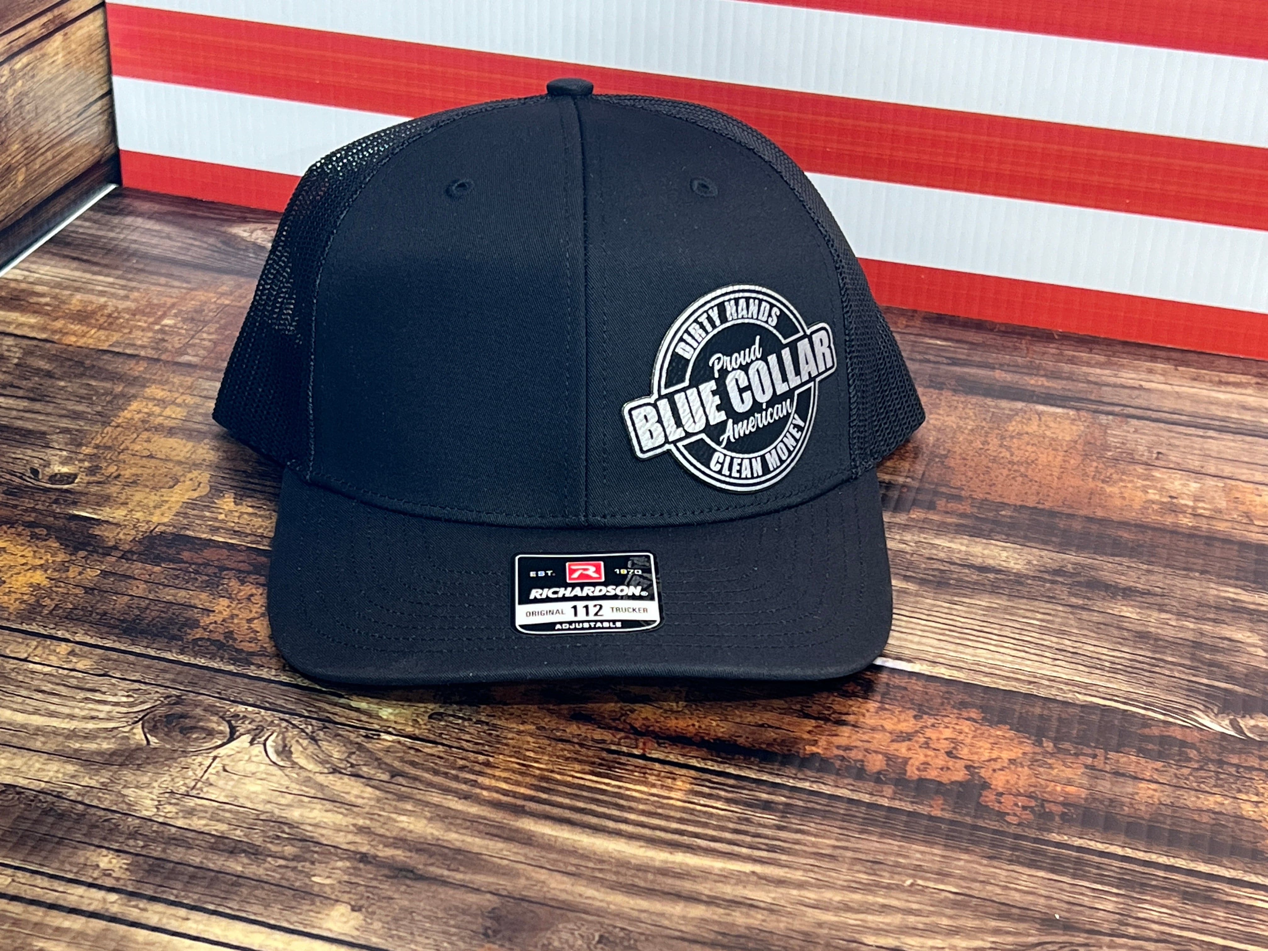 Proud Blue Collar American Hat - Dirty Hands, Clean Money Leatherette Patch on a Richardson 112 Trucker Hat Baseball Cap Summer Winter - F5 Custom Designs
