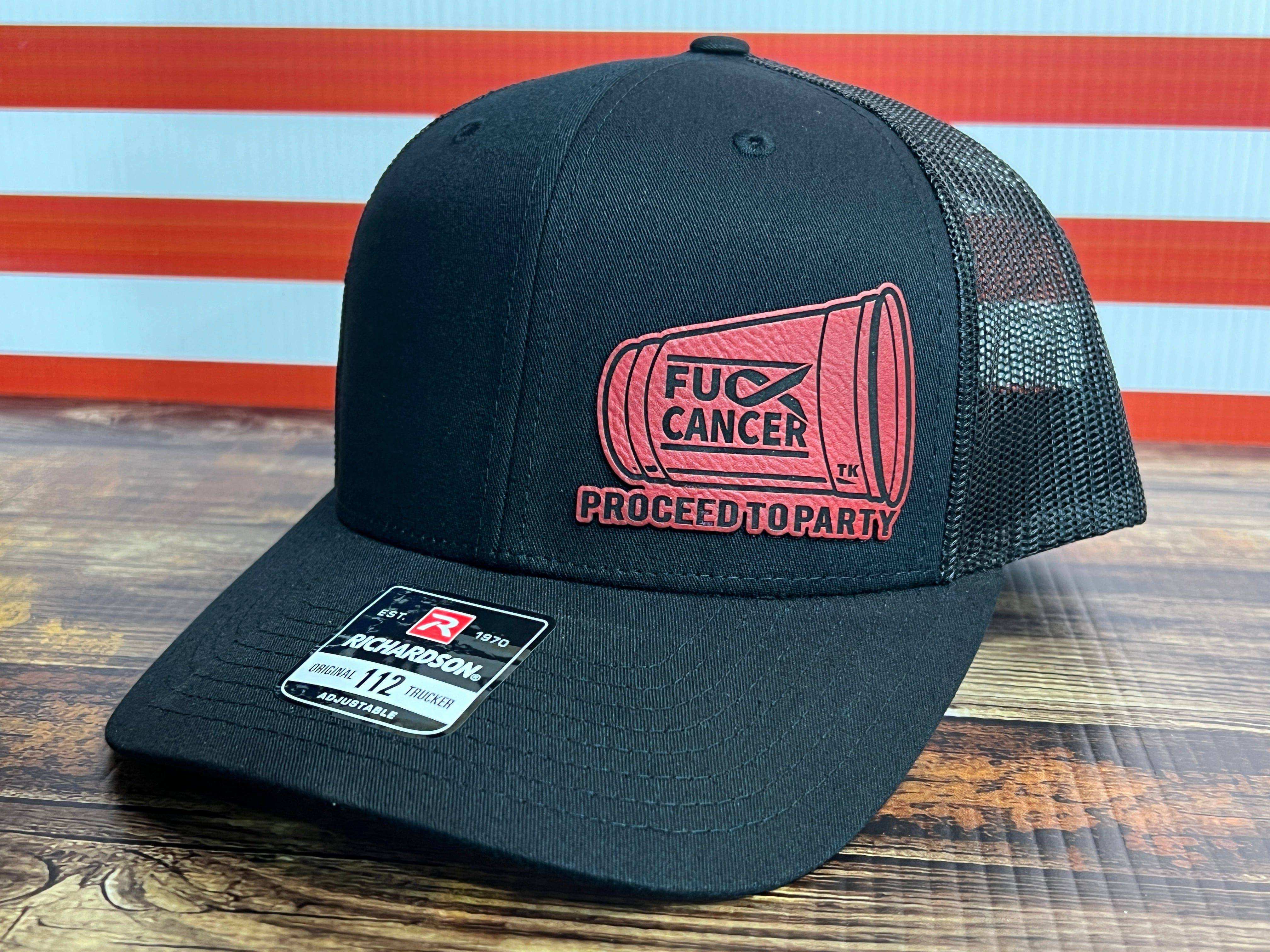 Red Solo Cup Hat with premium leatherette patch on Richardson 112 trucker hat