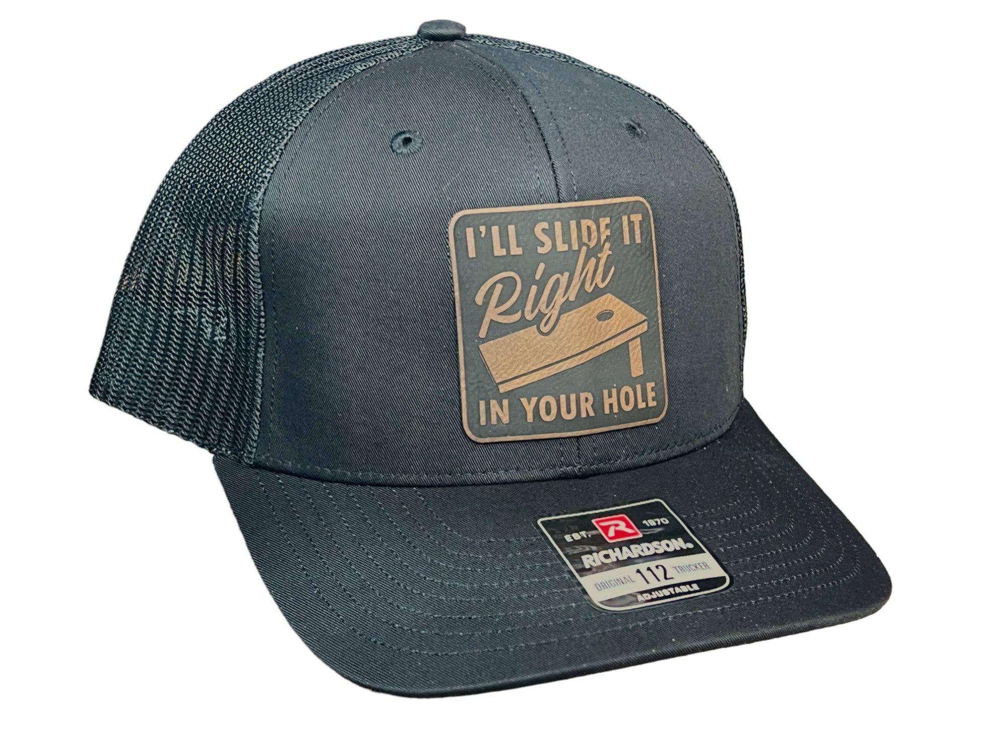 Richardson 112 Trucker Hat with humorous cornhole leatherette patch and adjustable snapback