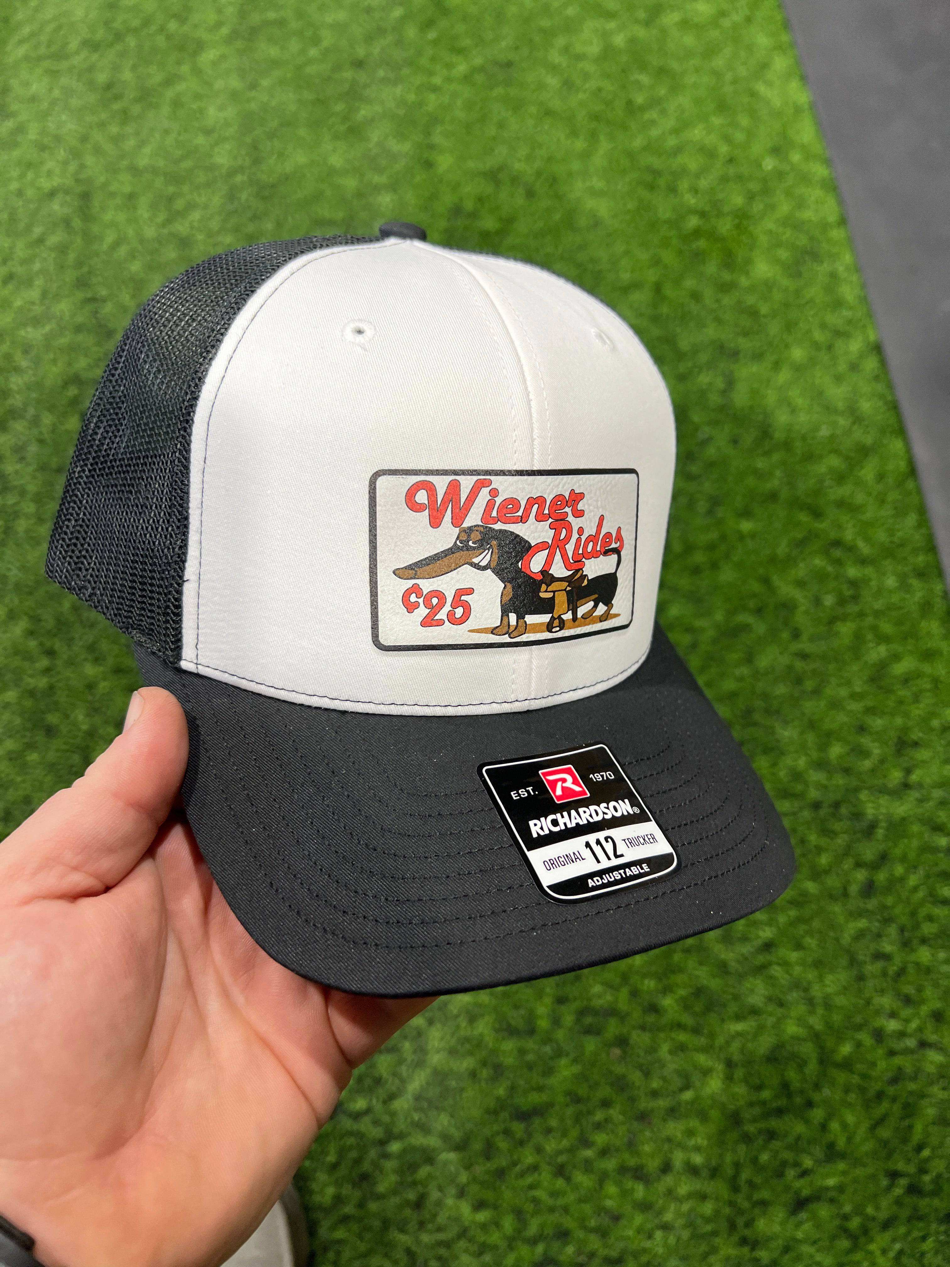 Wiener Rides Patch Hat with a UV Printed Premium Leatherette Patch on a Richardson 112 Trucker Hat - F5 Custom Designs
