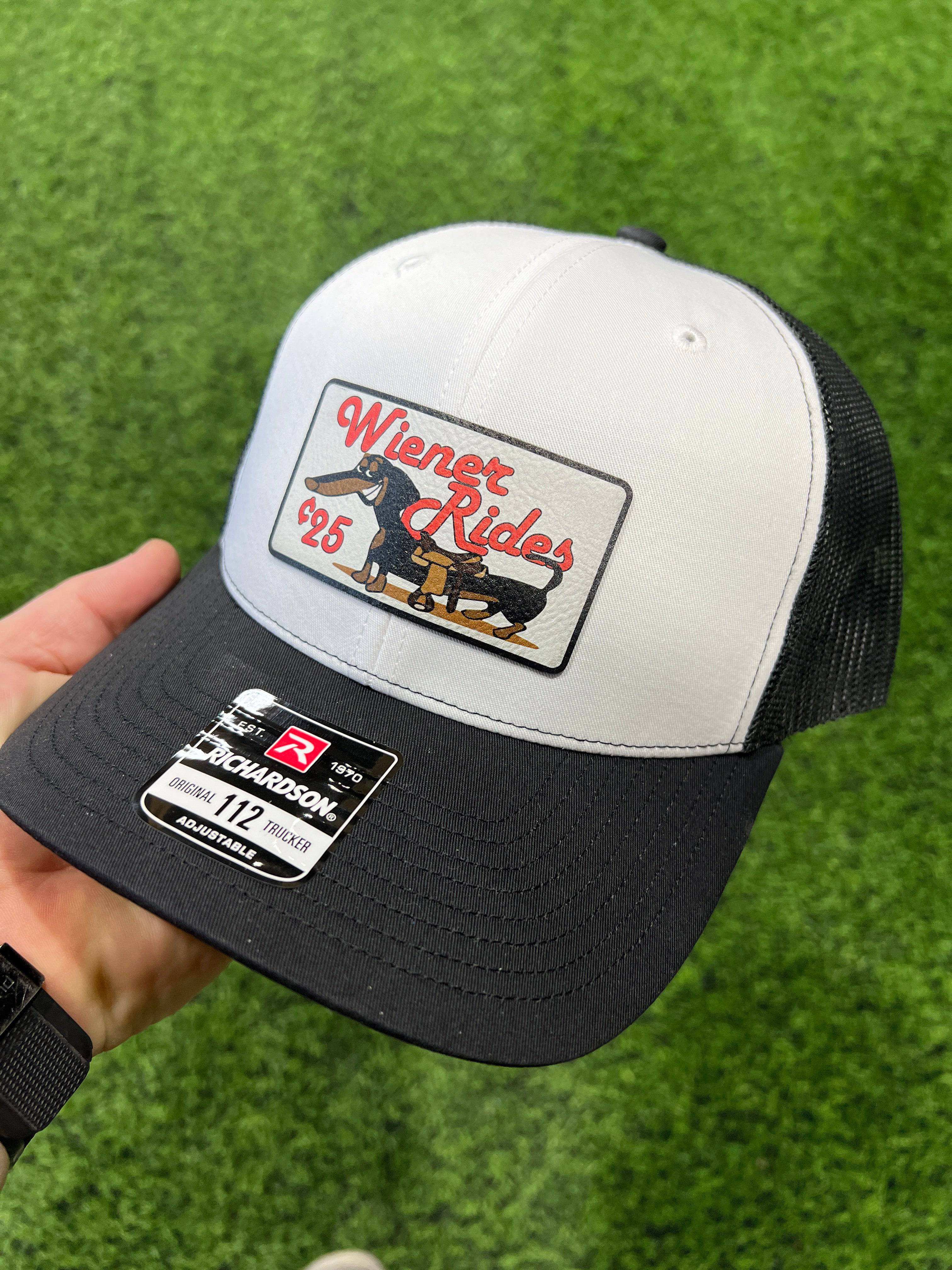 Wiener Rides Patch Hat with a UV Printed Premium Leatherette Patch on a Richardson 112 Trucker Hat - F5 Custom Designs