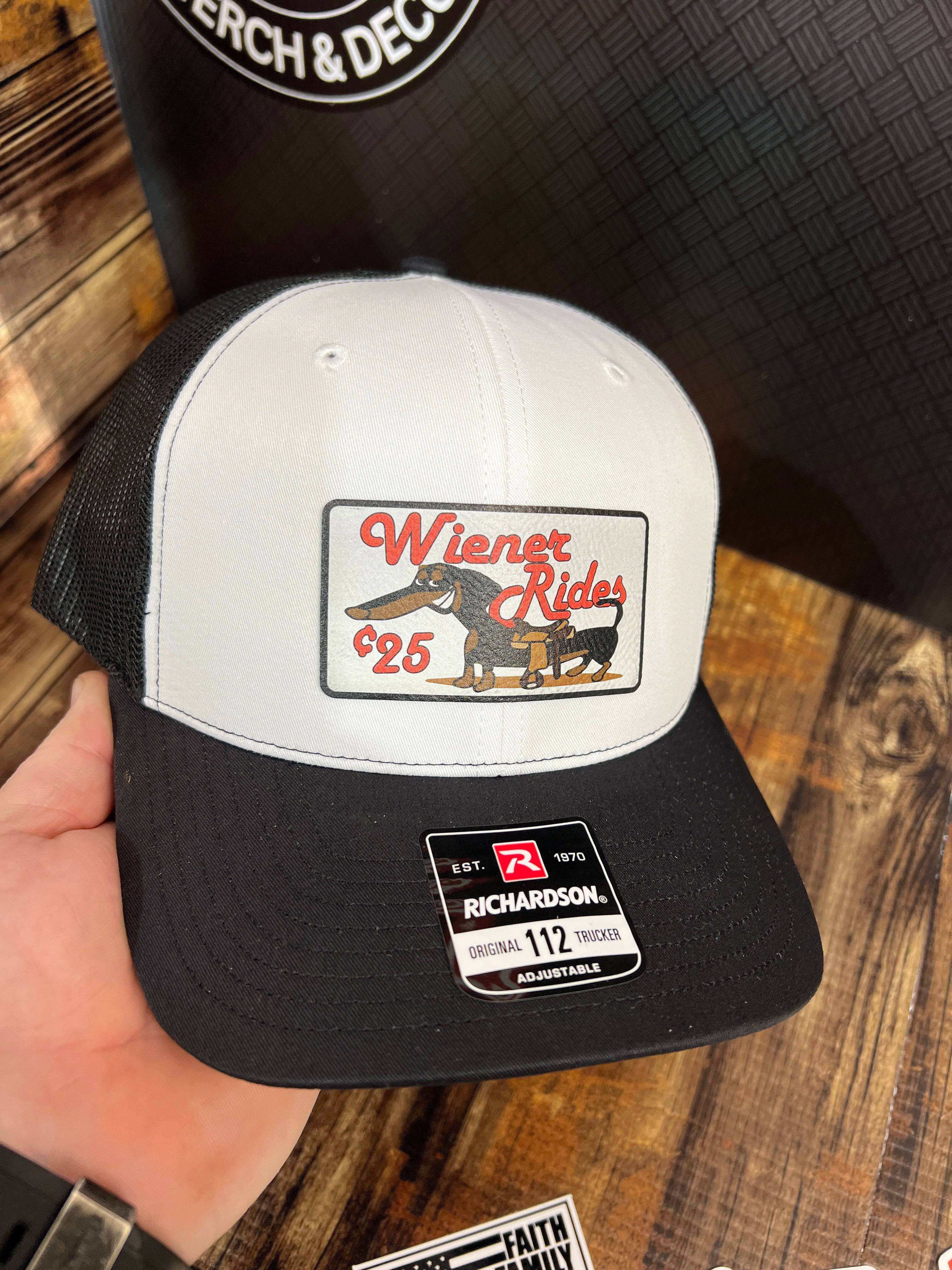 Wiener Rides Patch Hat with a UV Printed Premium Leatherette Patch on a Richardson 112 Trucker Hat - F5 Custom Designs