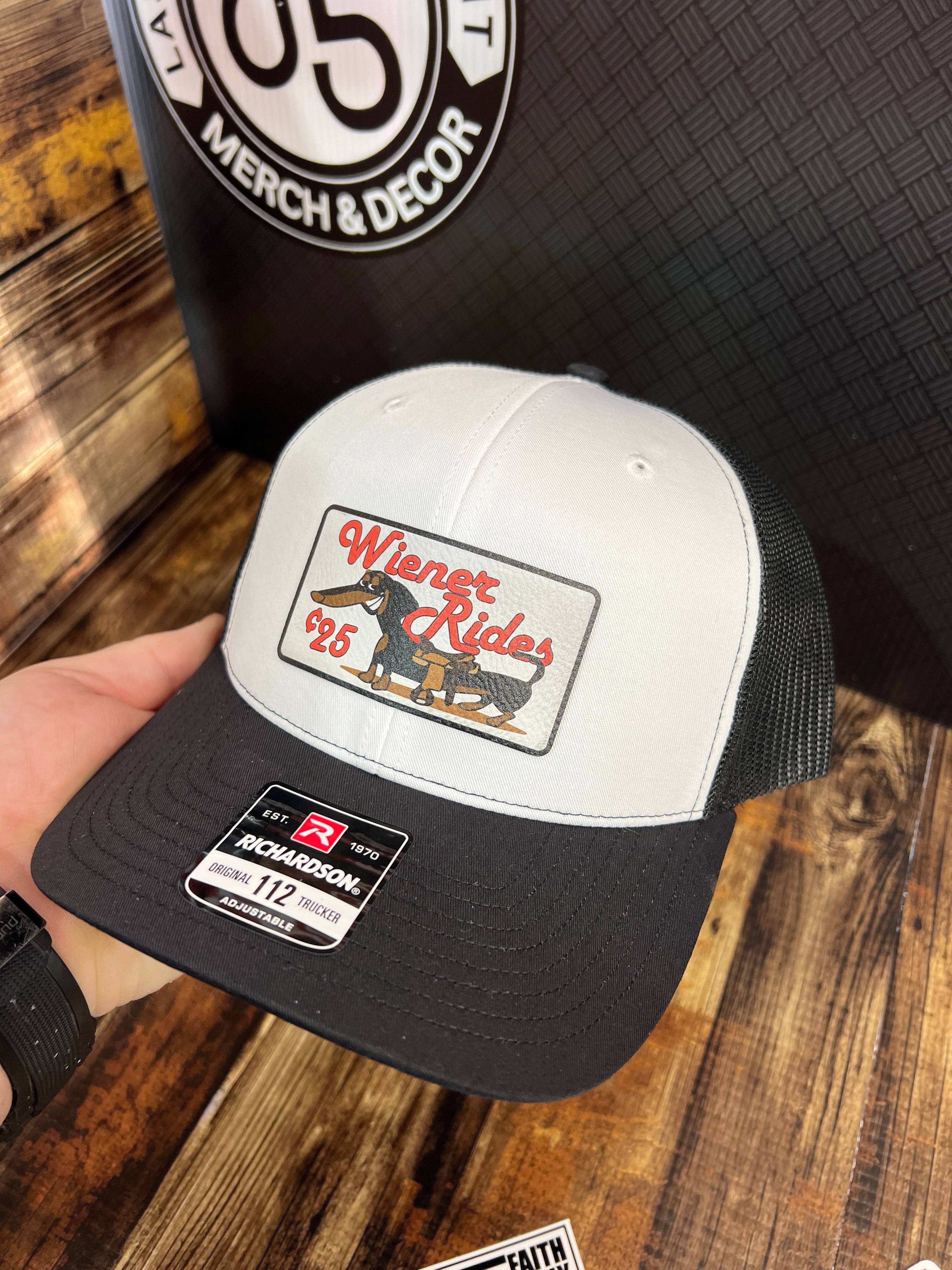 Wiener Rides Patch Hat with a UV Printed Premium Leatherette Patch on a Richardson 112 Trucker Hat - F5 Custom Designs