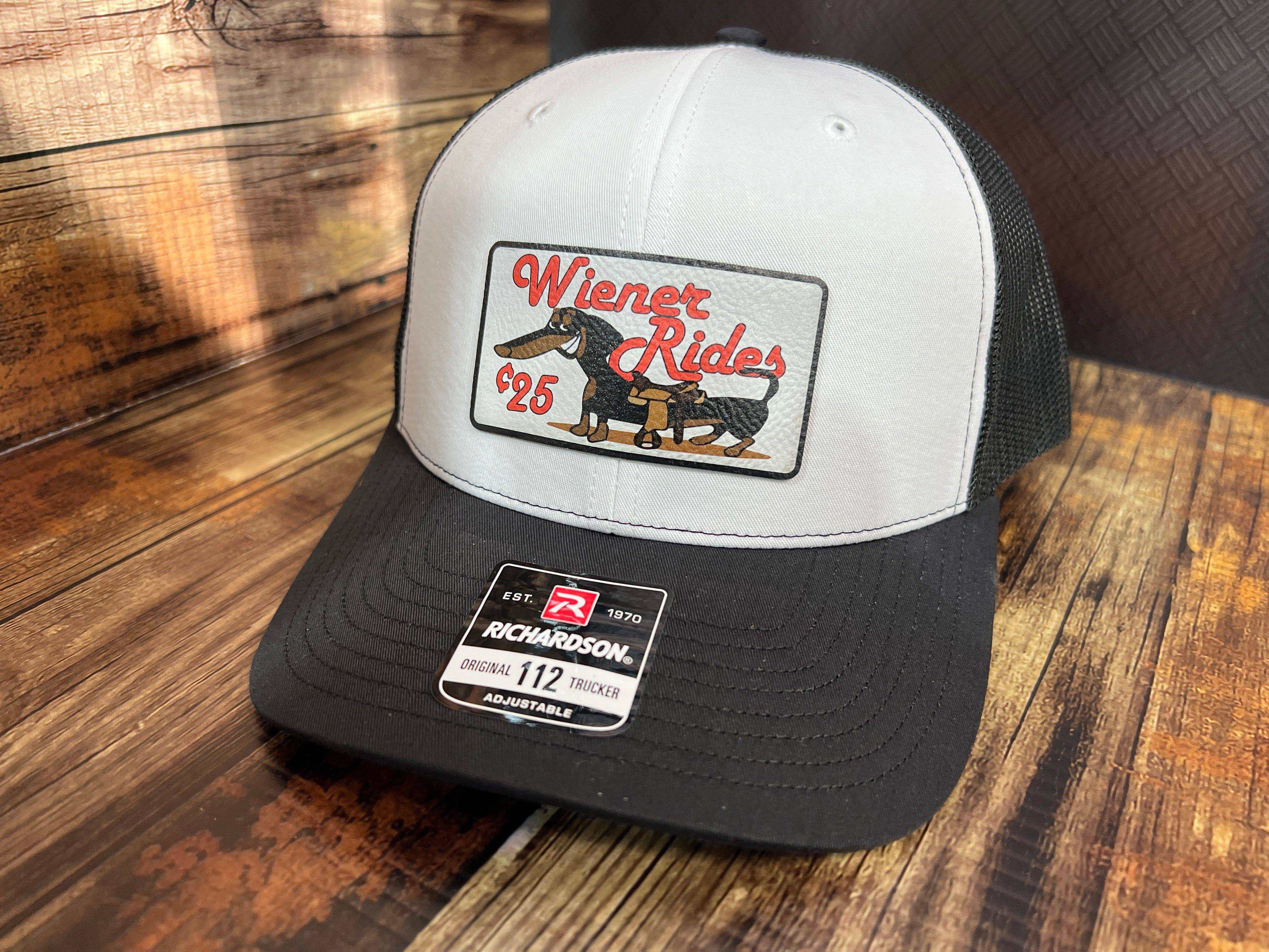 Wiener Rides Patch Hat with a UV Printed Premium Leatherette Patch on a Richardson 112 Trucker Hat - F5 Custom Designs