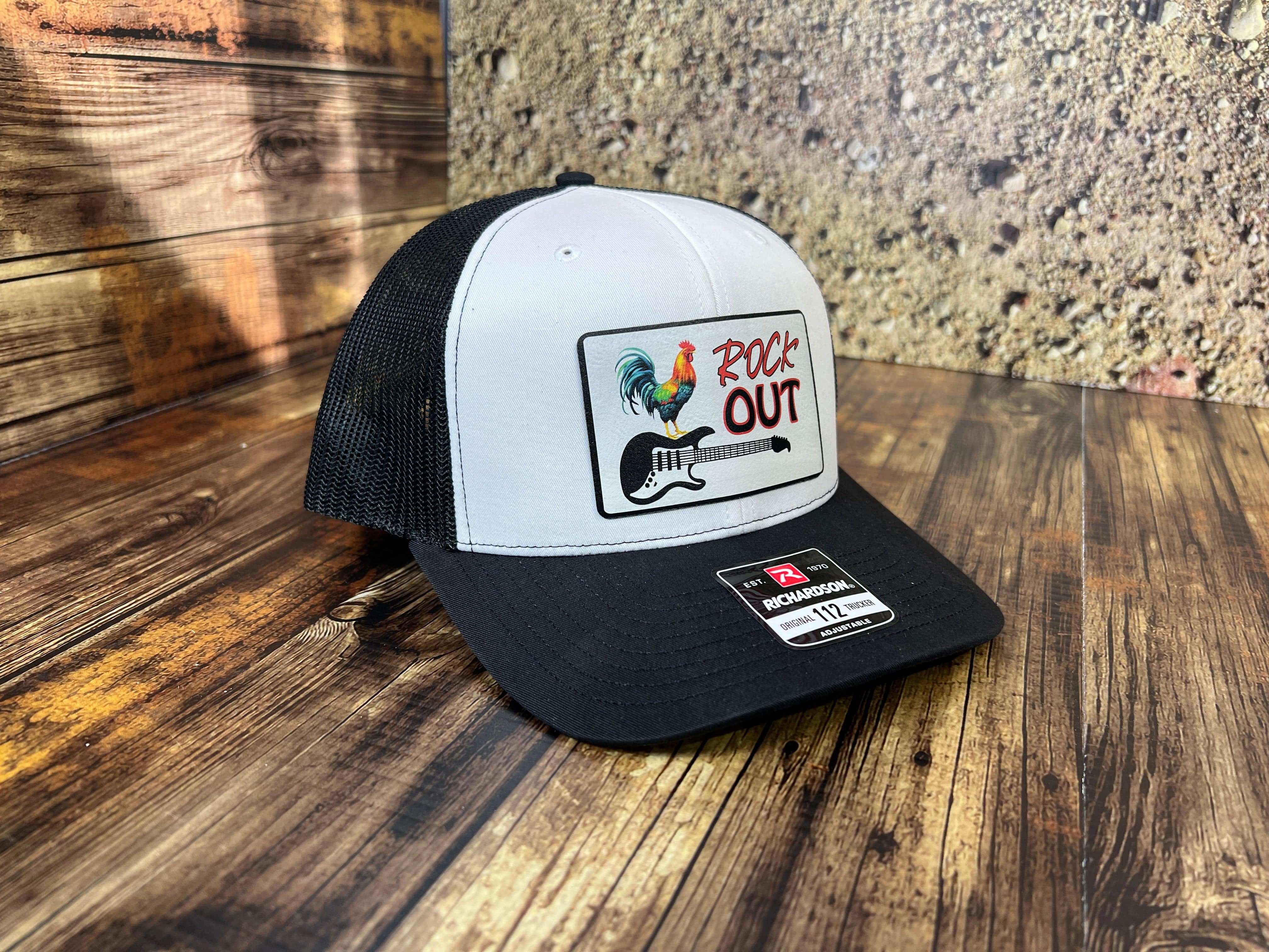 Rock Out UV Printed Custom Patch Hat with Premium Leatherette on a Richardson 112 Trucker Hat - F5 Custom Designs