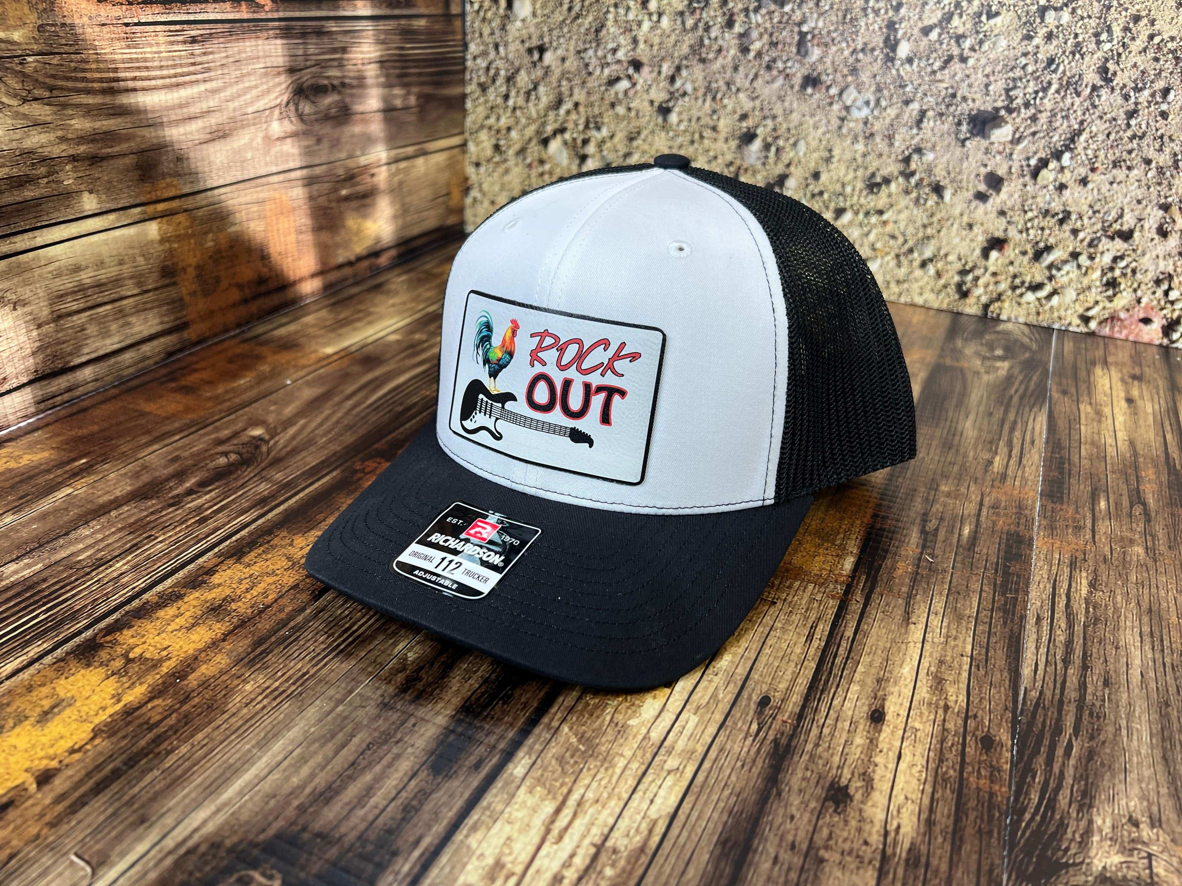 Rock Out UV Printed Custom Patch Hat with Premium Leatherette on a Richardson 112 Trucker Hat - F5 Custom Designs
